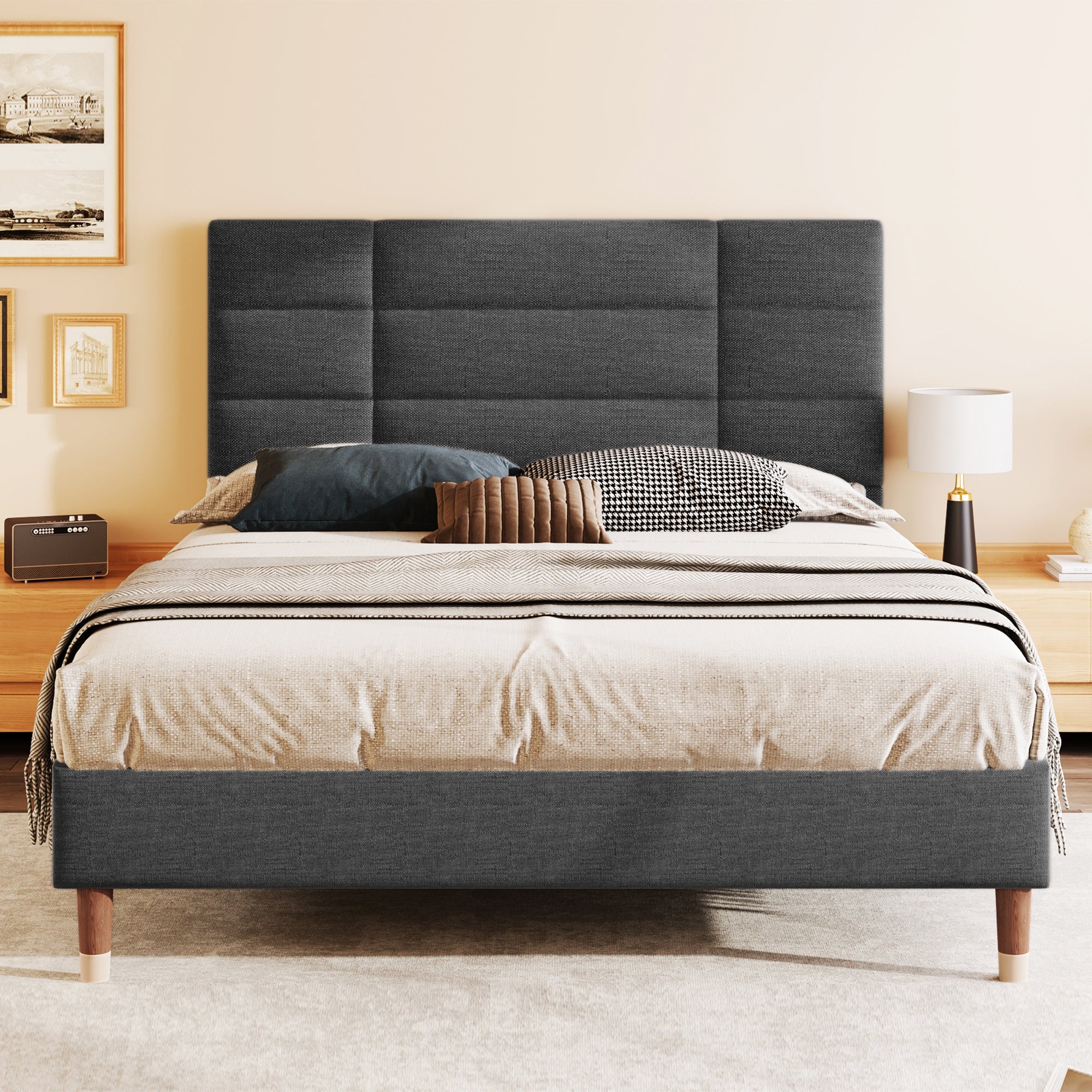 Upholstered bed, double bed with slatted frame 140x200cm, dark grey linen