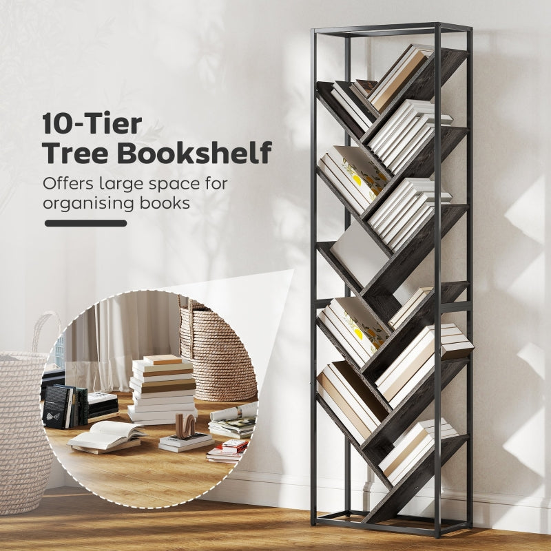 Bookshelf 10 Shelves Industrial Style Tall Slim Black/Grey