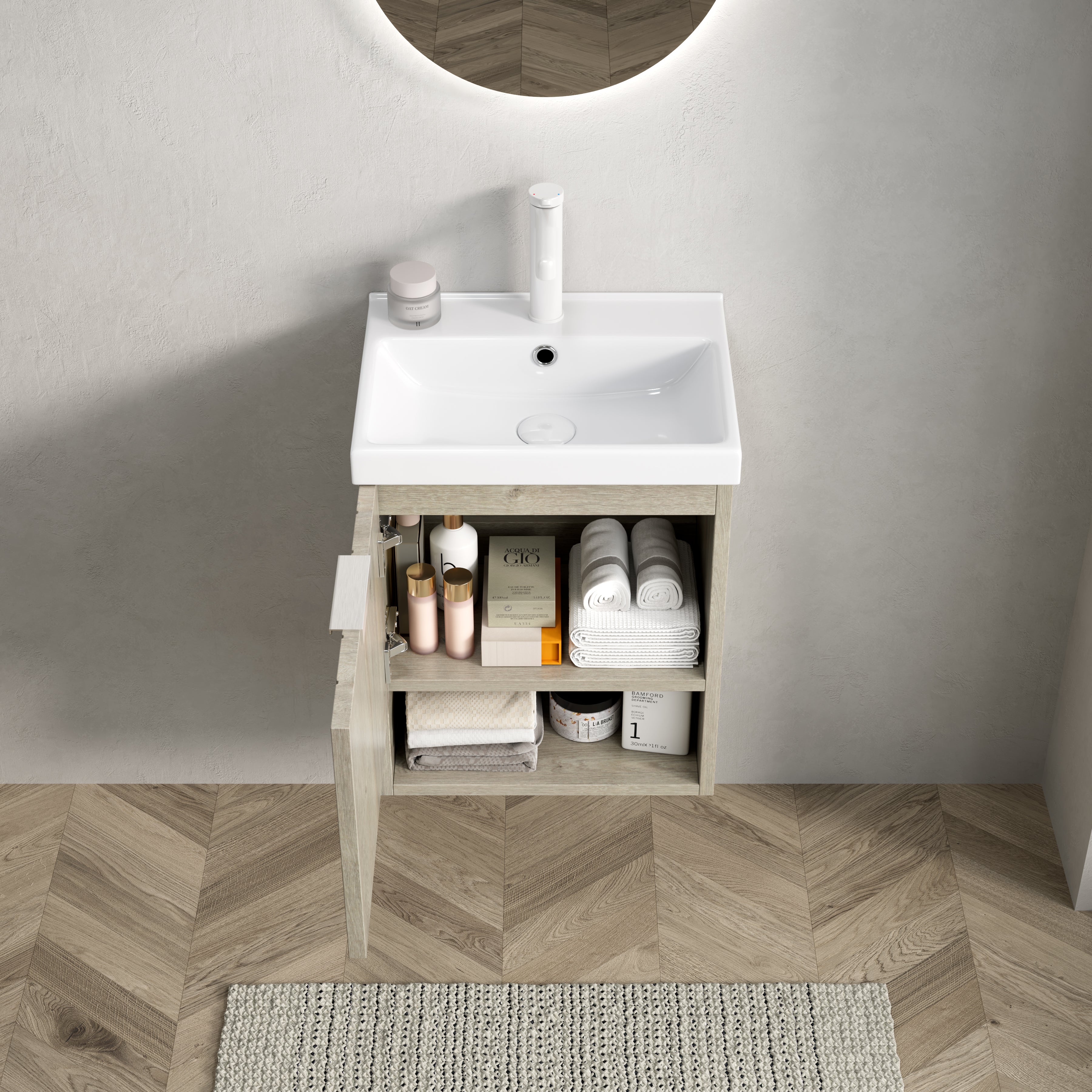 KAIRO 42cm Wall-Mounted Bathroom Vanity Unit with Ceramic Basin, Double Doors, and Open Shelf, Oak Cream Wood Grain