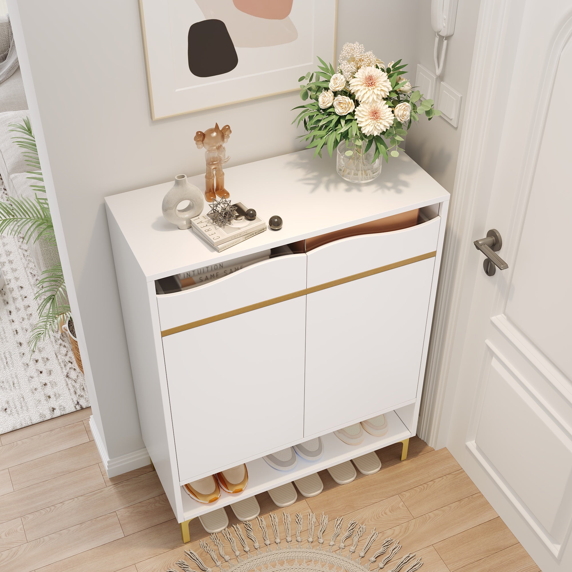 Shoe Cabinet, LED 16 Colors, Drawers & Shelves, Modern White