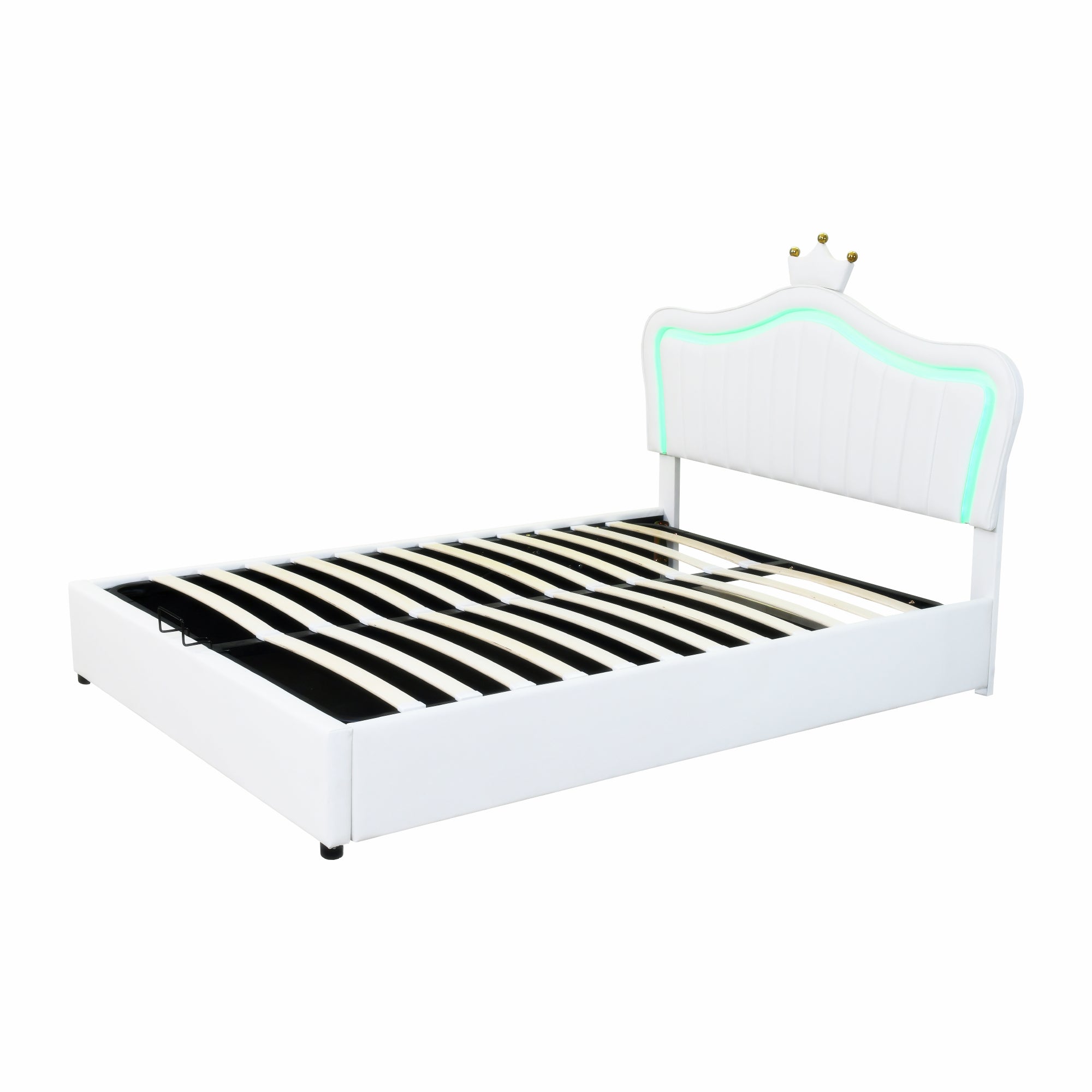 Children's Bed, Upholstered Hydraulic Storage with LED Lights, White PU Leather