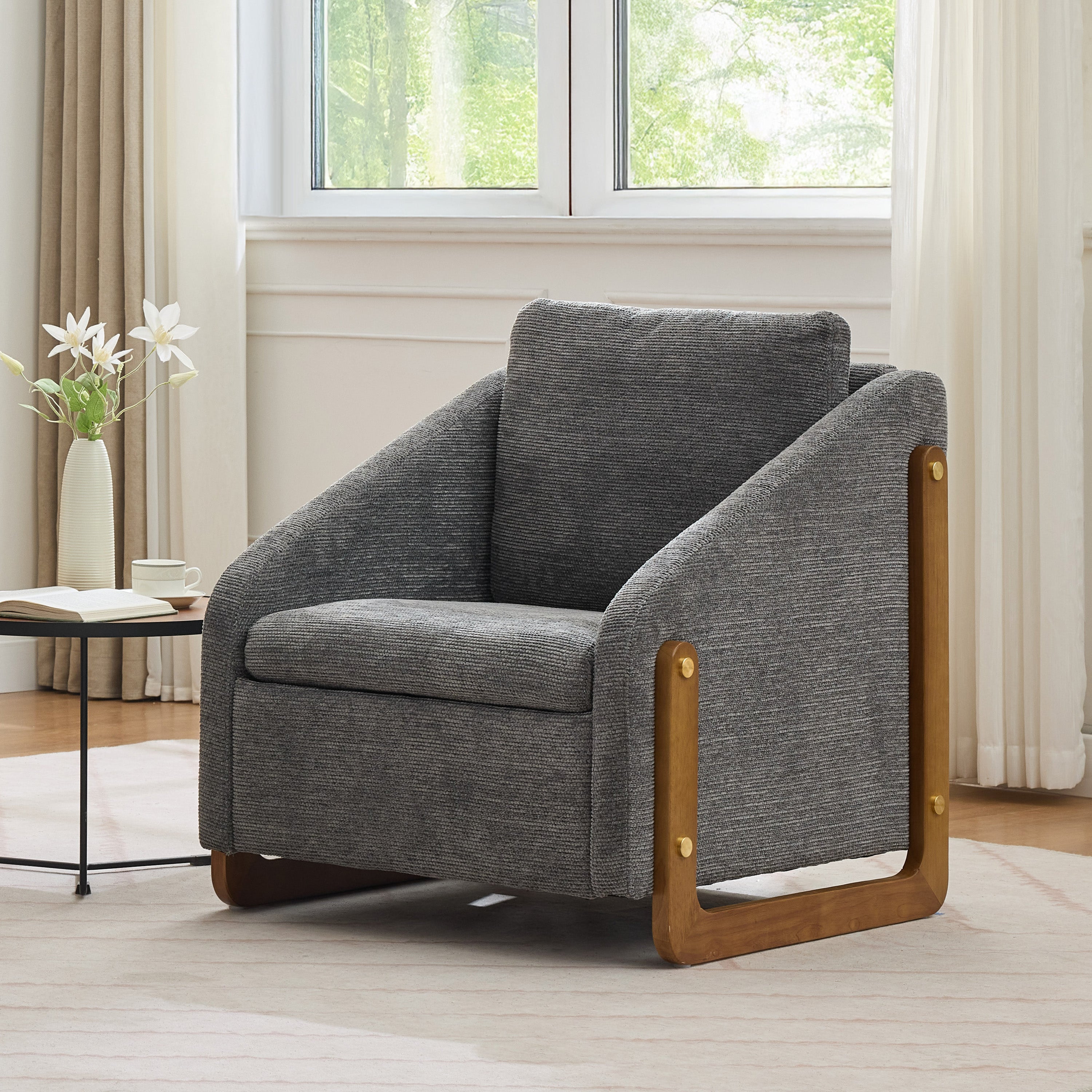 057 Armchair, Accent Lounge Chair with Wooden Armrests & Back Cushion, Grey Chenille Fabric