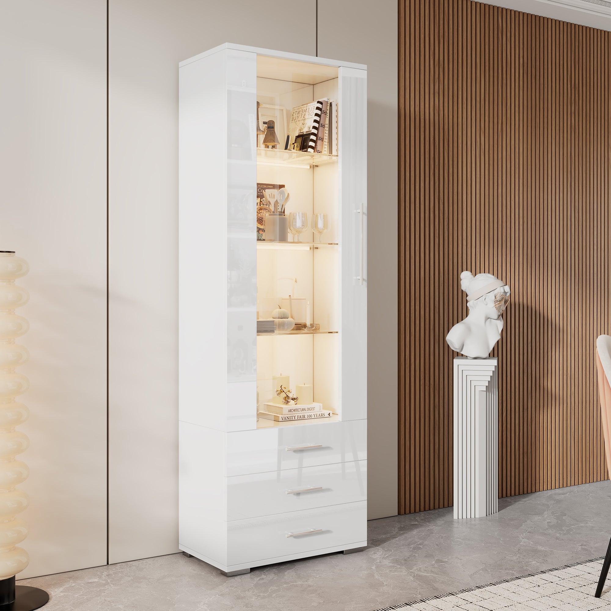 Display Cabinet Freestanding LED Glass 3 Drawers 60x35x180cm, High-Gloss White