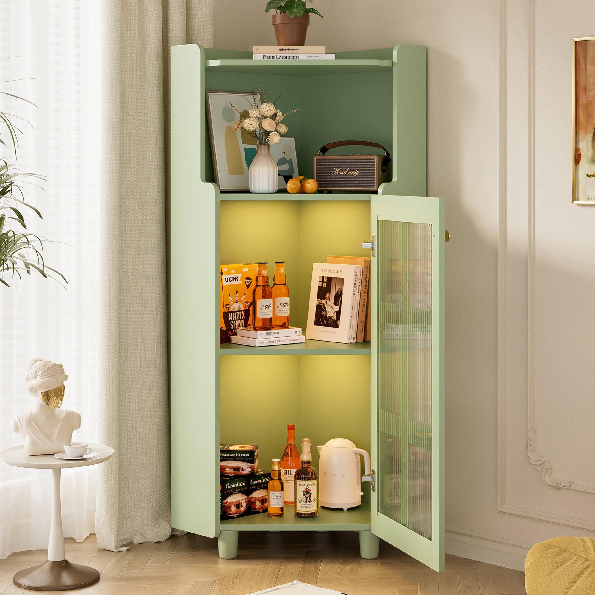 Corner Cabinet LED App Control Lacquered Finish 63.5x124cm - Green