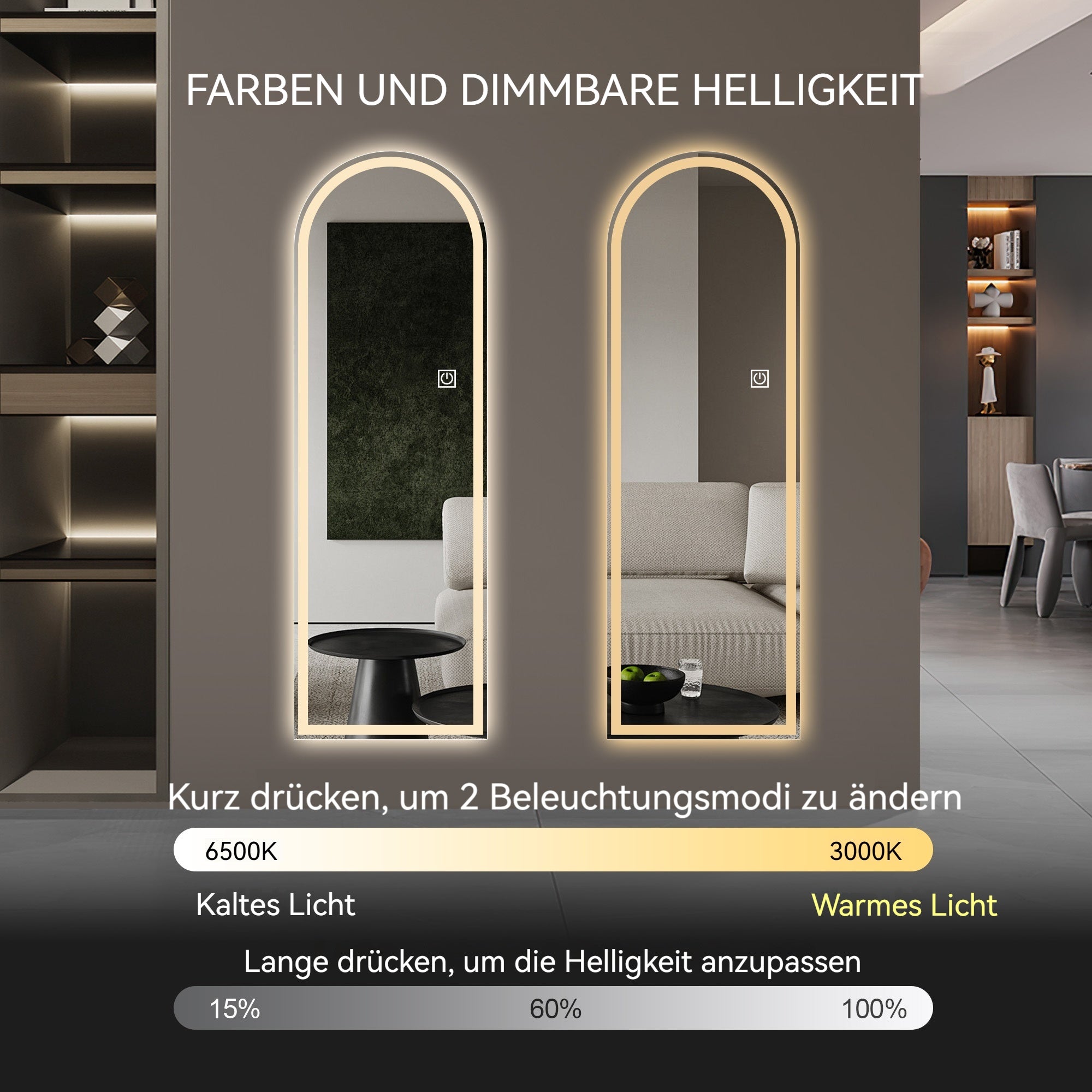 Arched Full-Length Mirror 165x50CM, LED Light, Dimmable 3-Color, Glass