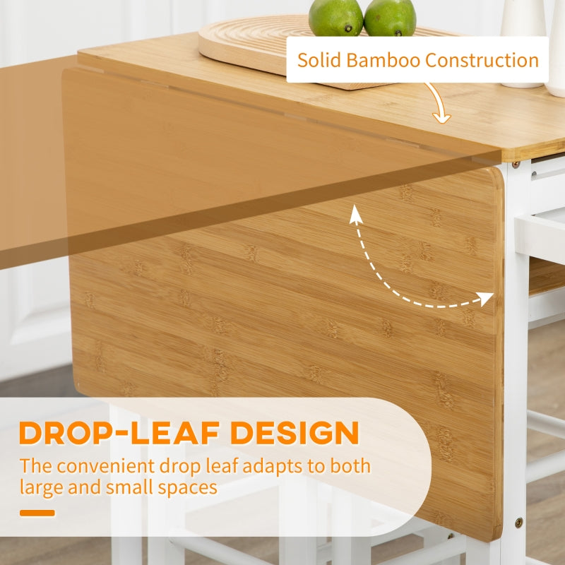 Kitchen Island Set with 2 Stools, Drop Leaf Top, Drawers & Towel Rack, Bamboo White