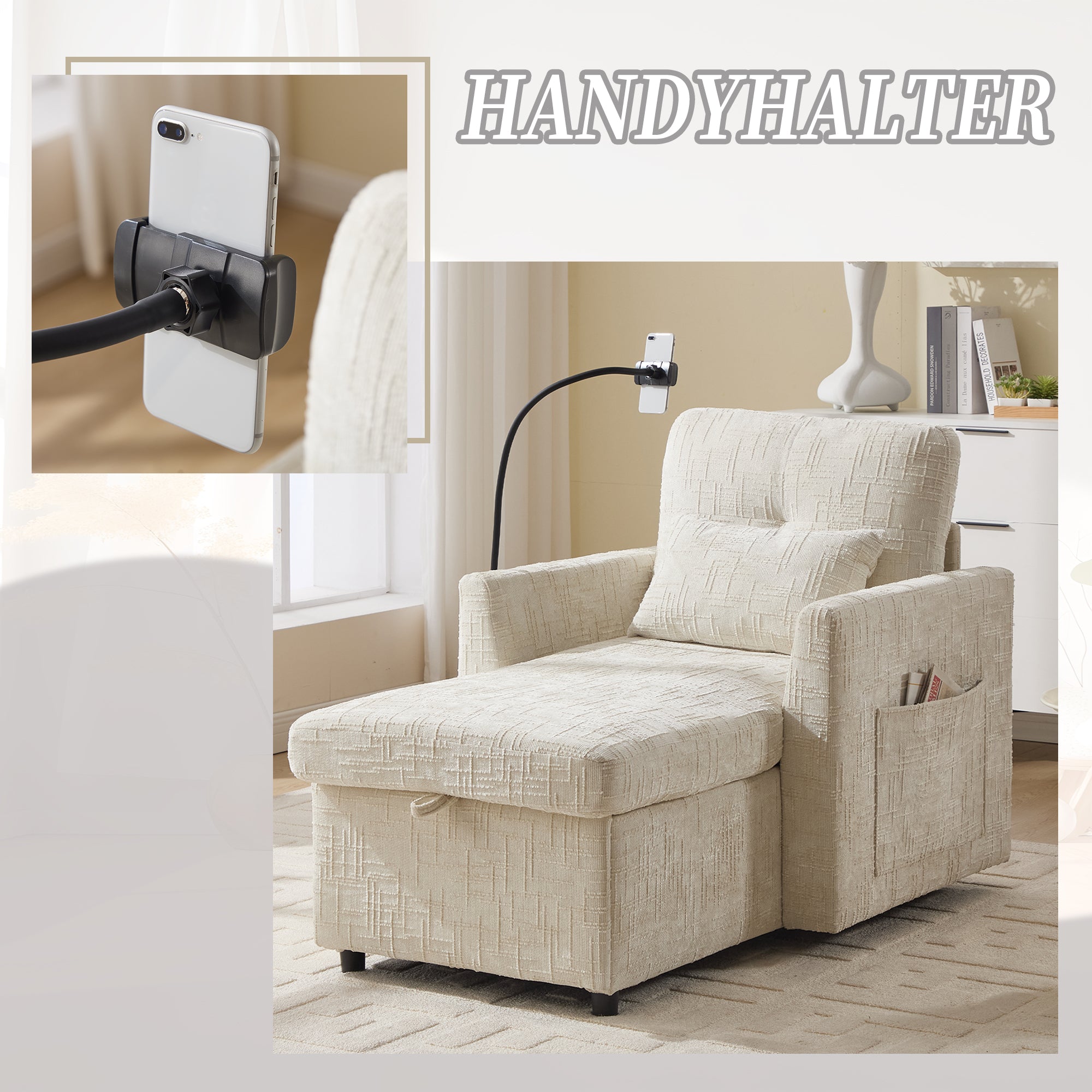 Lazy Sofa, Multifunctional Stowable Backrest with Phone Holder, Chenille