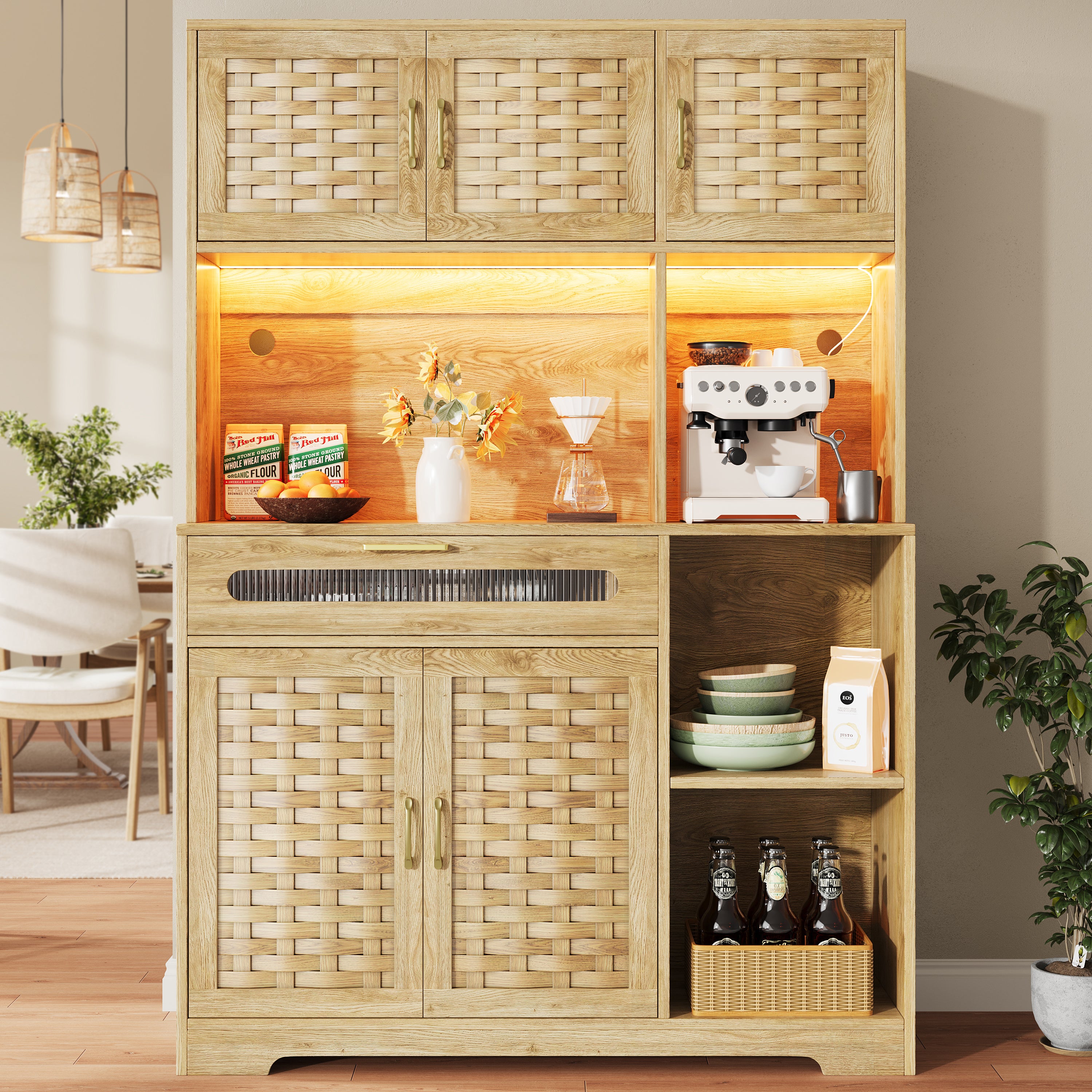 Tall Display Cabinet 120x40x180cm with LED Drawers Woven Doors - MDF