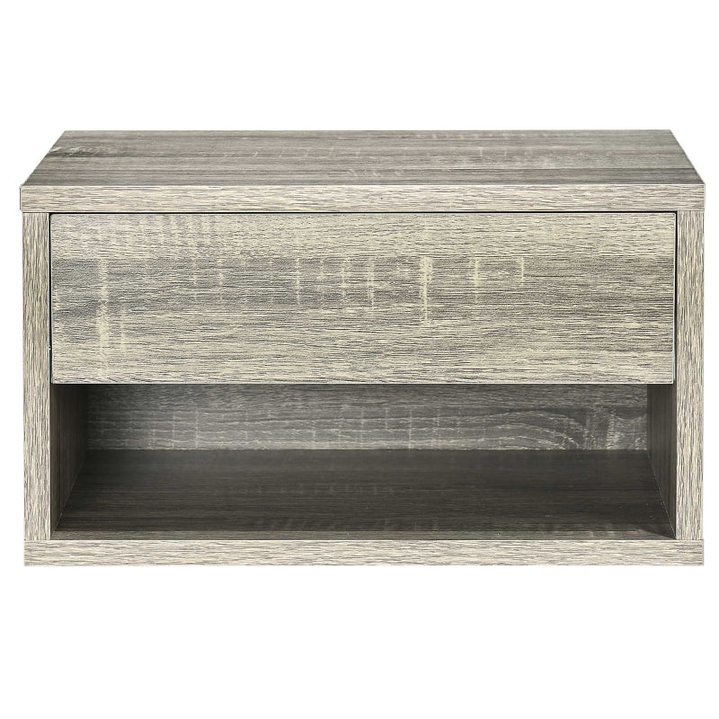 Set of Two Floating Bedside Tables Wall Mounted Nightstands with Drawer and Shelf, Brown Wood-Effect