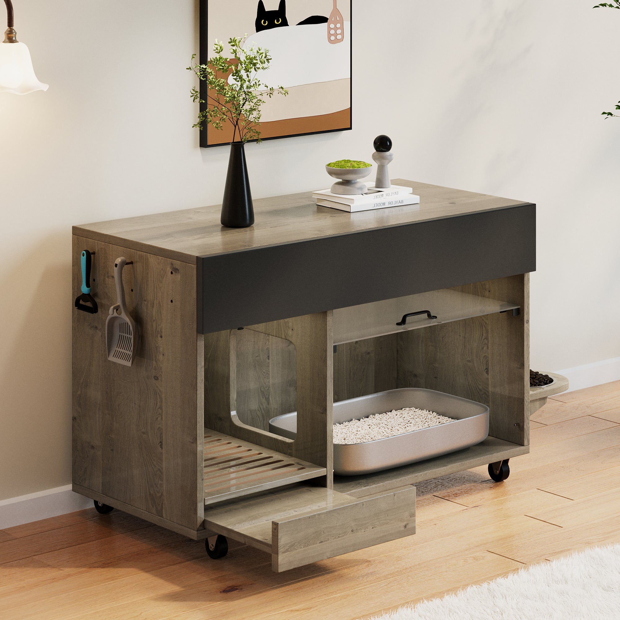 Movable Cat Litter Box Cabinet Food Bowls Sand Tray Pegboard 100x45.5x67cm - Oak