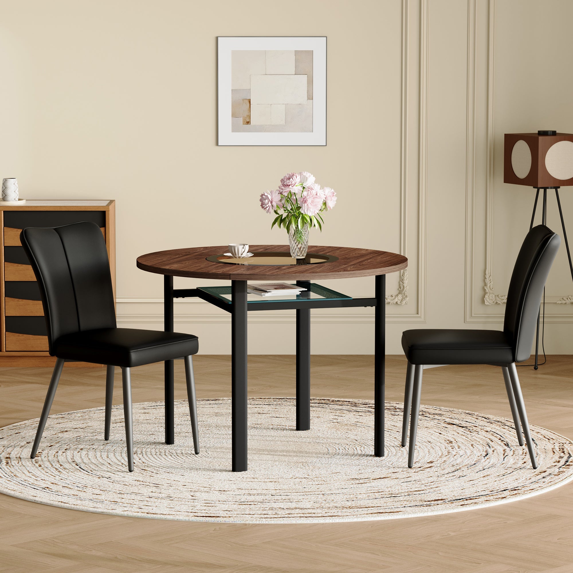 Modern Minimalist Round Dining Set (100cm Table, 2 Chairs), Wood Look/Black PU