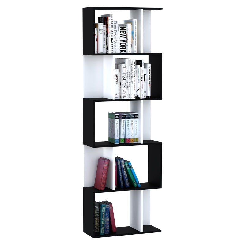 Bookcase S-Shaped 5/6 Tiers Freestanding Display Storage Rack, Wooden Black and White