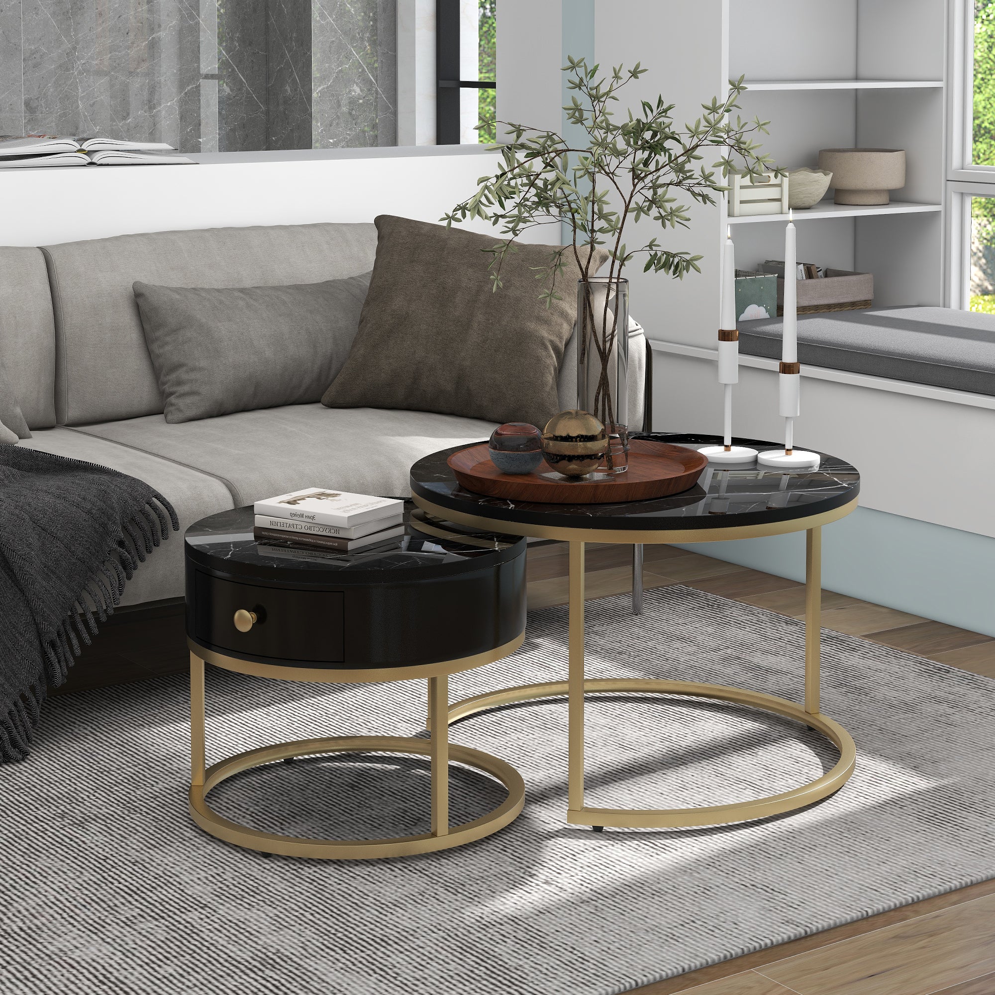 Modern Nesting Coffee Table, Set of 2 Round Side Tables with High Gloss Marble Pattern, Black MDF