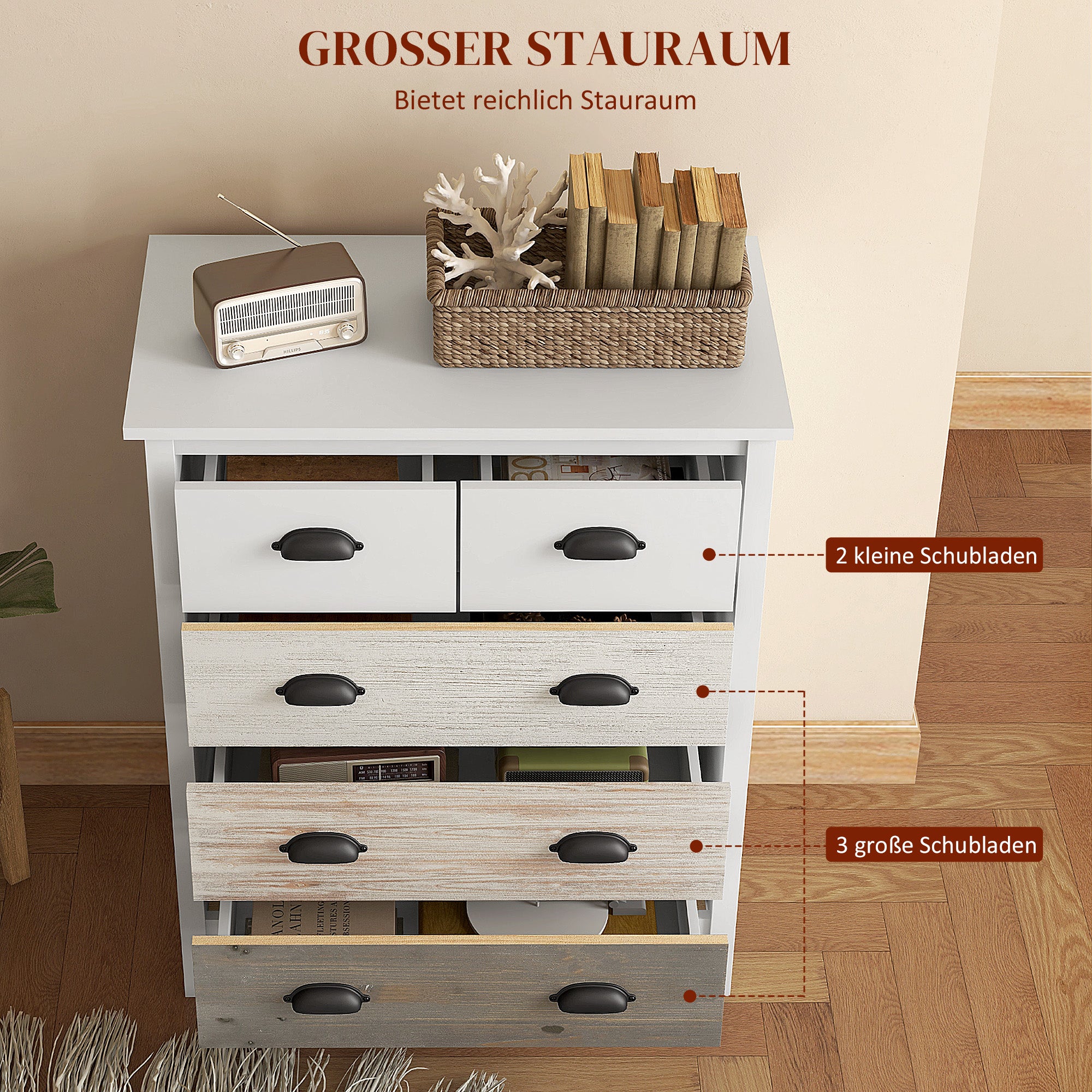 Chest of Drawers Storage Cabinet 5 Drawers Anti-Tip Device 70x38x85cm, White