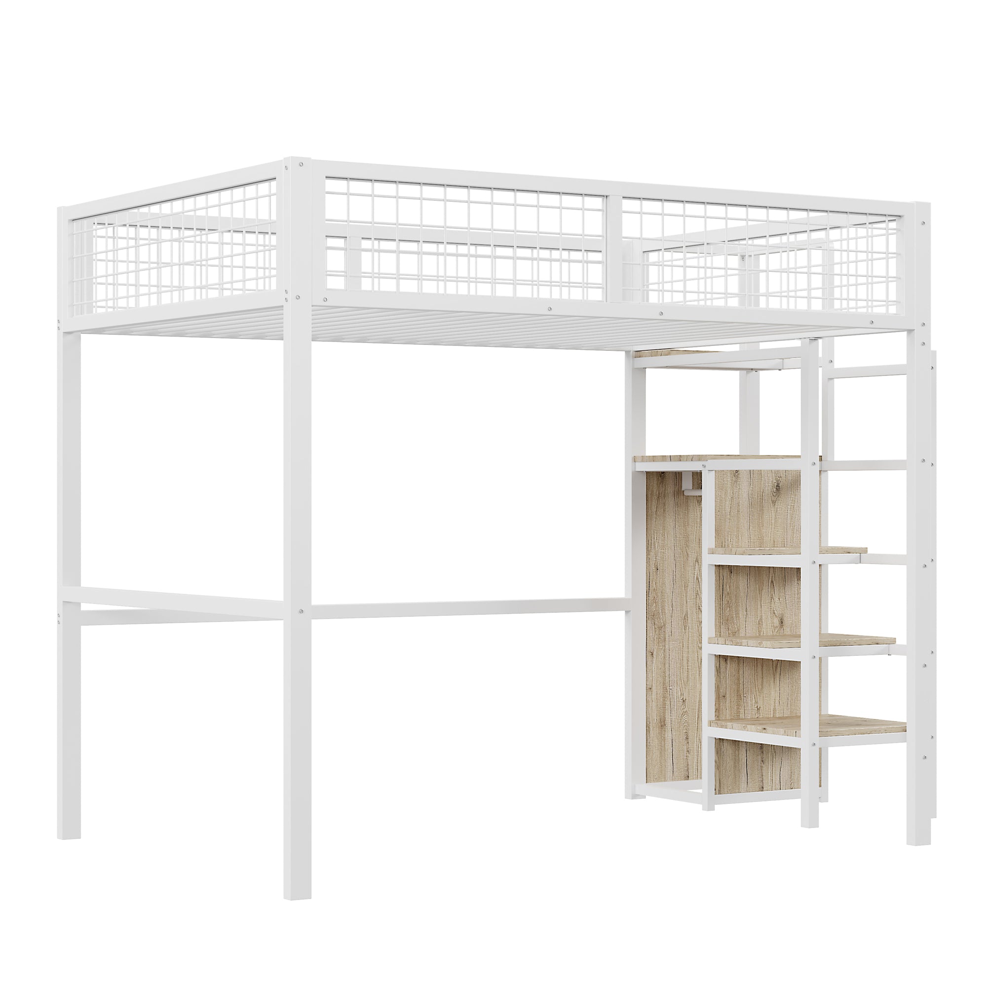 Bunk Bed 140x200 Ladder Storage Shelf Wardrobe Iron Frame White