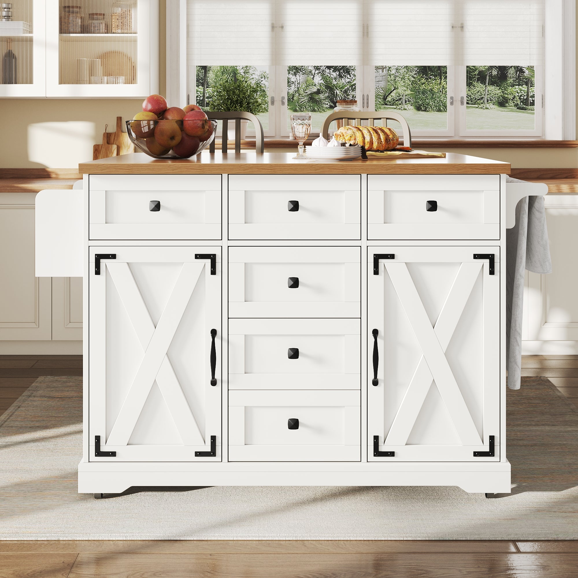 Kitchen Island Serving Trolley - Storage Wood Grain - White