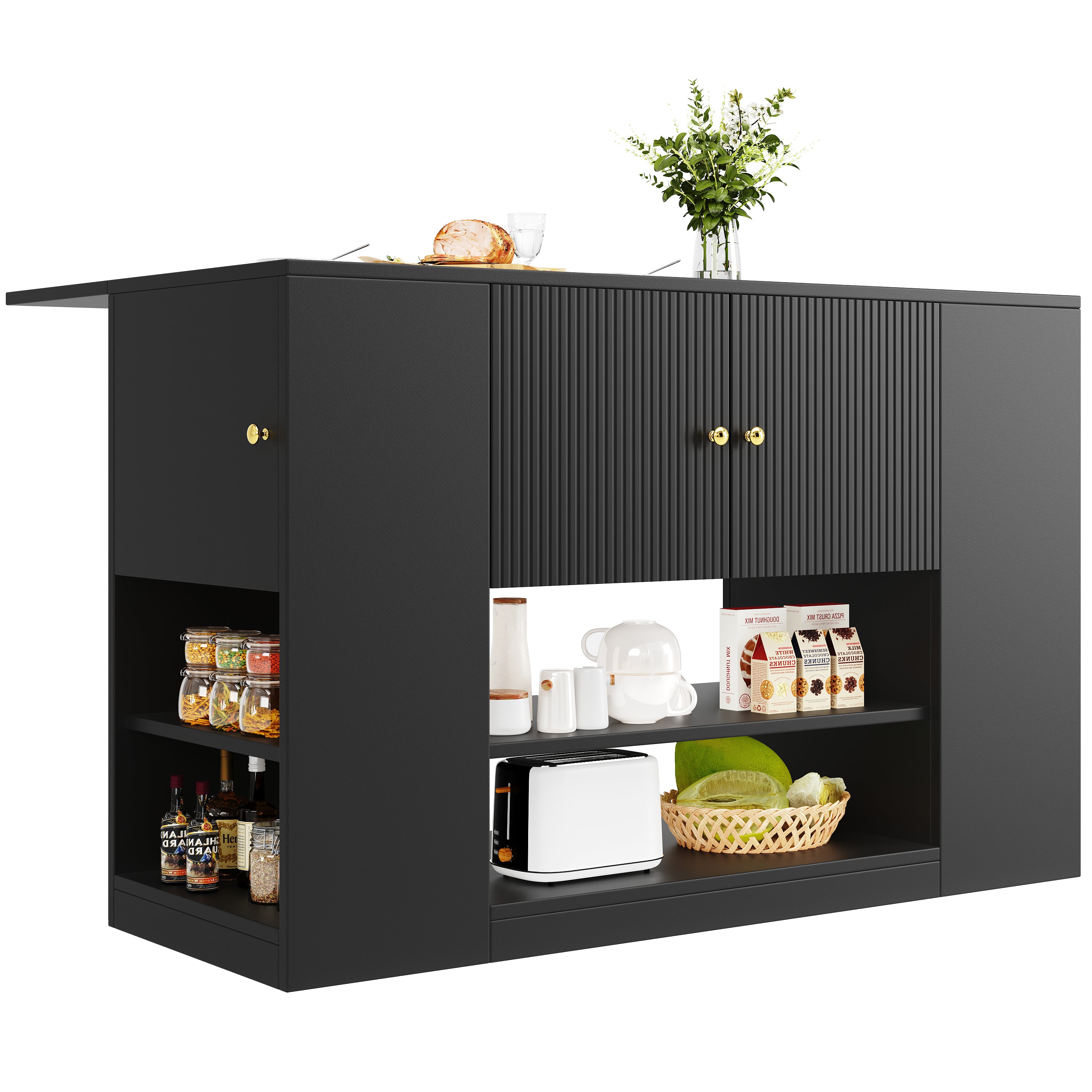 Modern Kitchen Island Cabinet Drawers Shelves Buffet Storage - Black