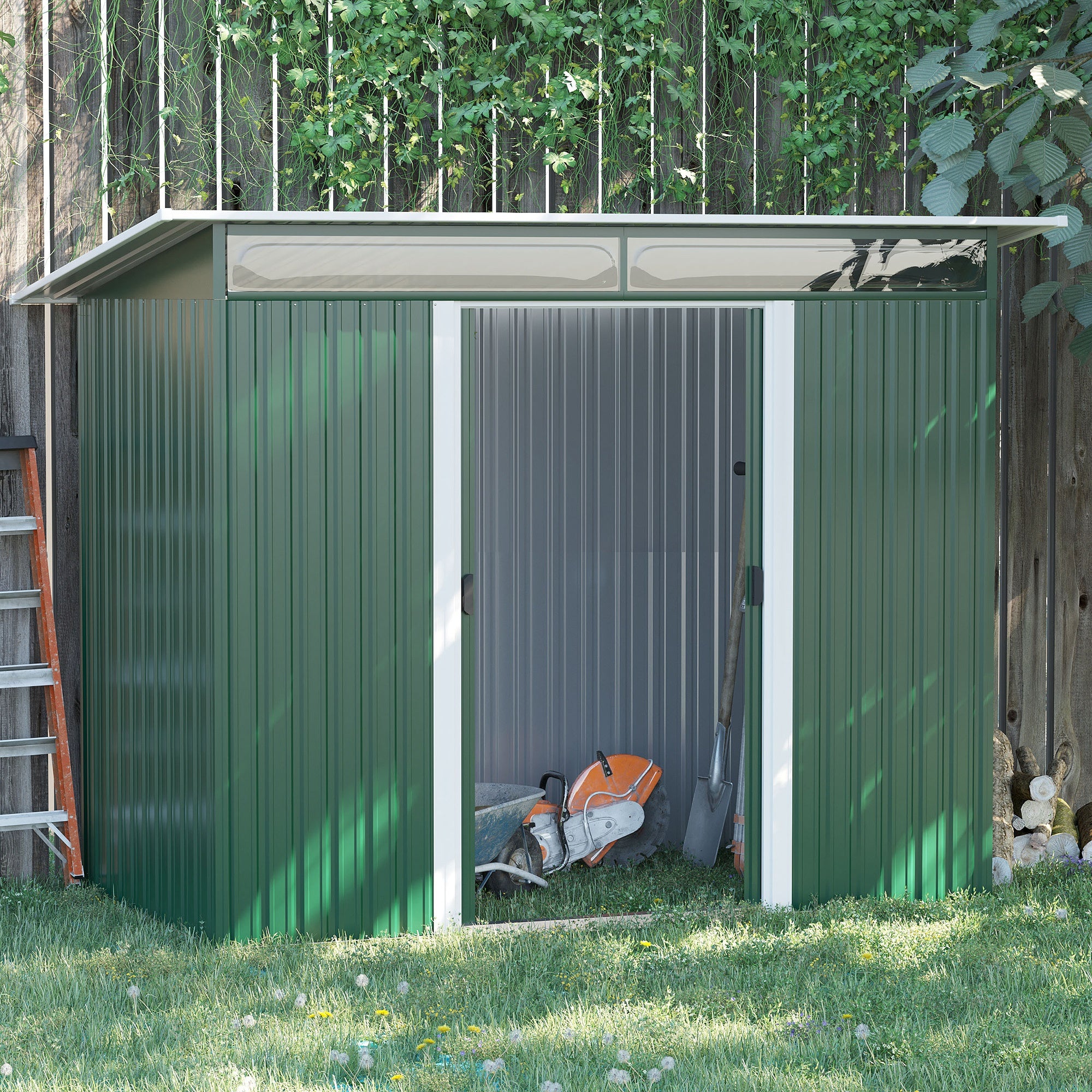Metal Shed 8.5 x 4ft, Lightsky Panels, Double Doors, Green
