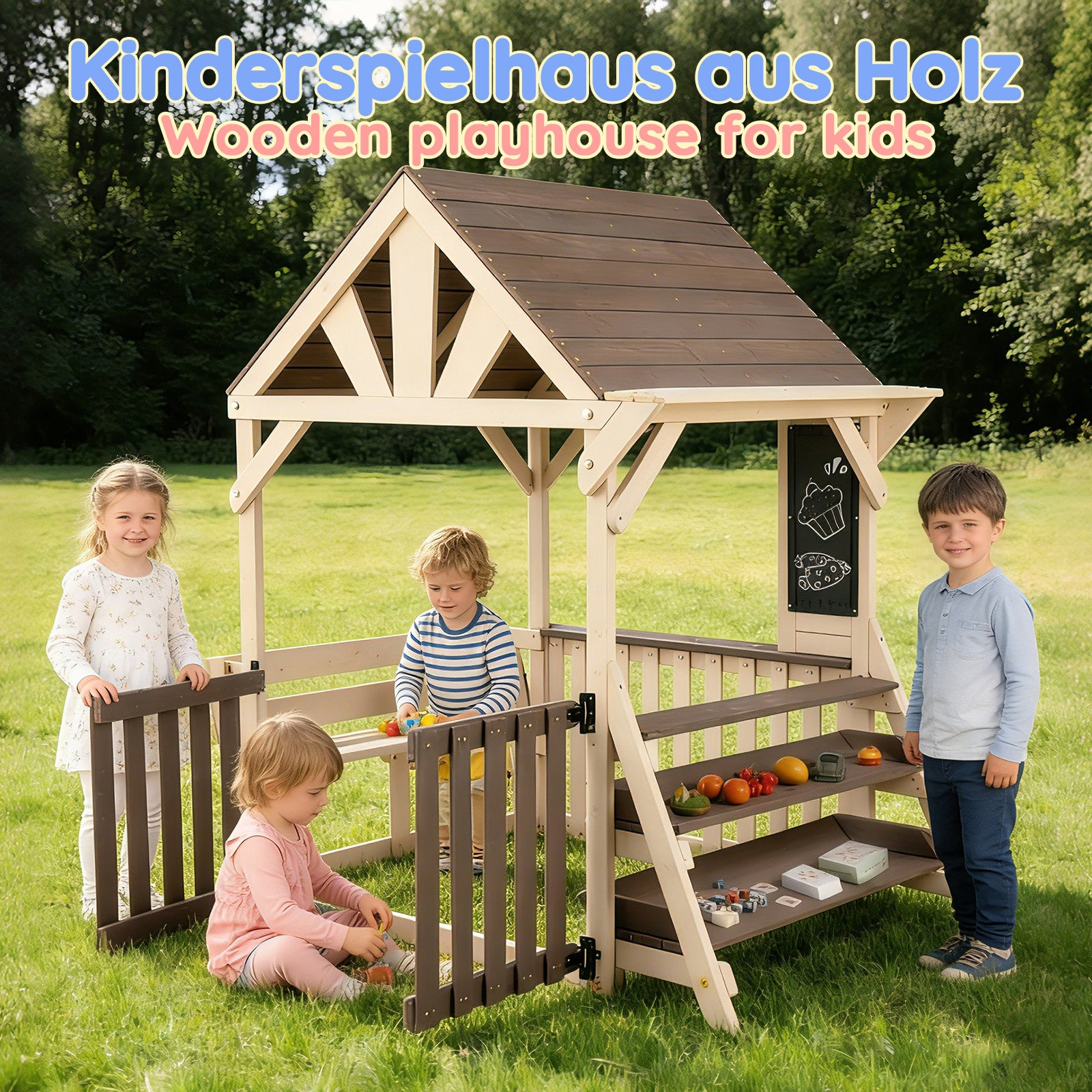 Outdoor Kitchen Playset with Rainproof Roof and Multi-purpose Shelf, Grey Wood