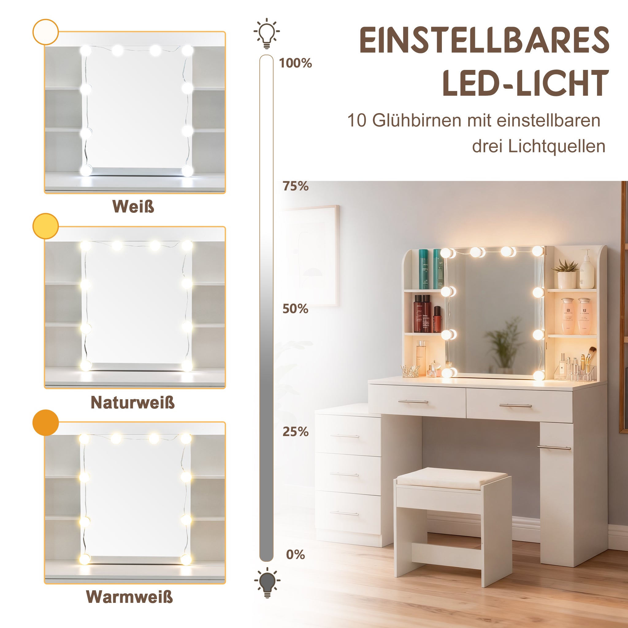Dressing Table Vanity with Mirror, Drawer, LED Lighting