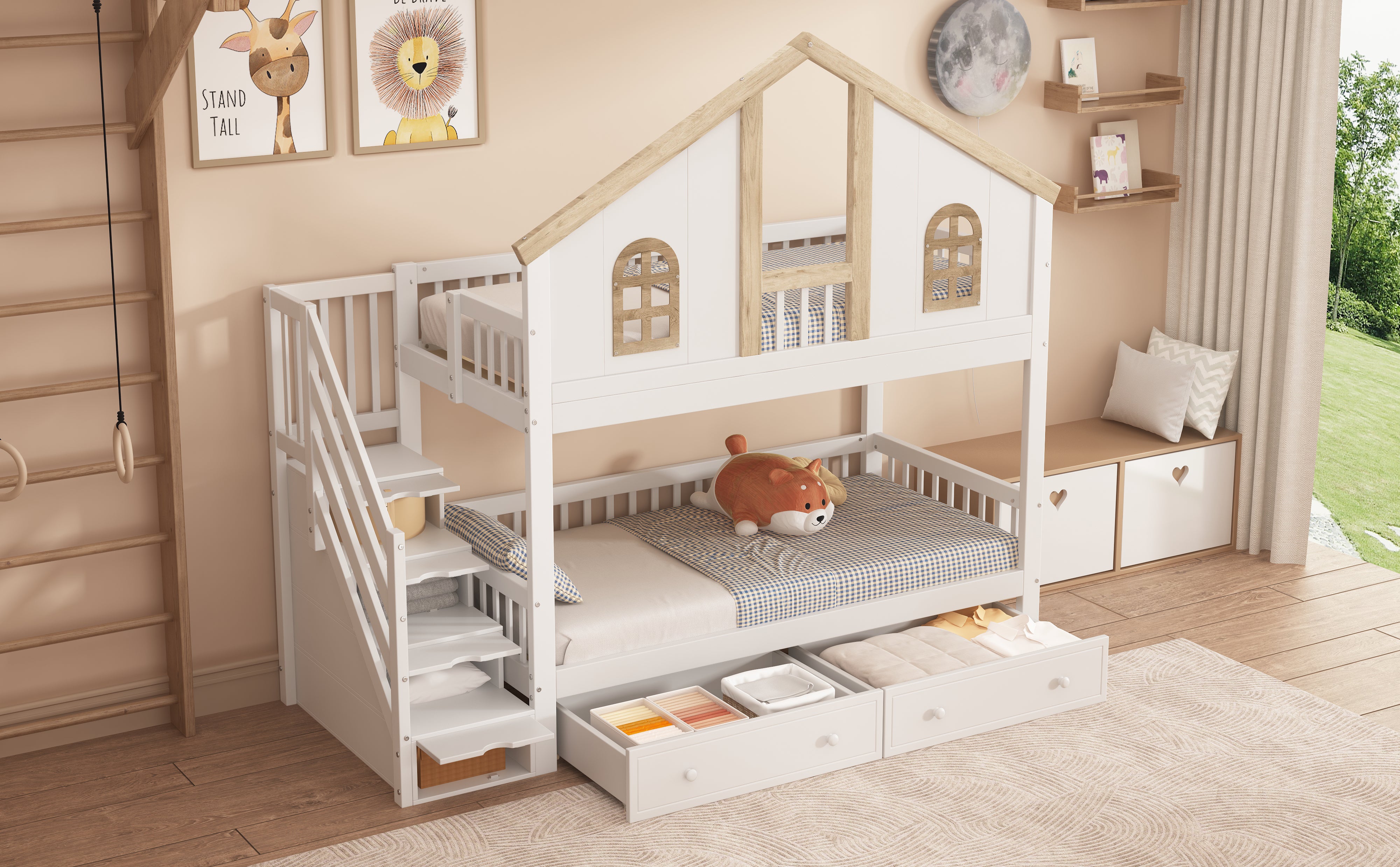 Bunk Bed, Children's with Safety Gate, Drawers & Storage Stairs, Pine+MDF, White+Natural