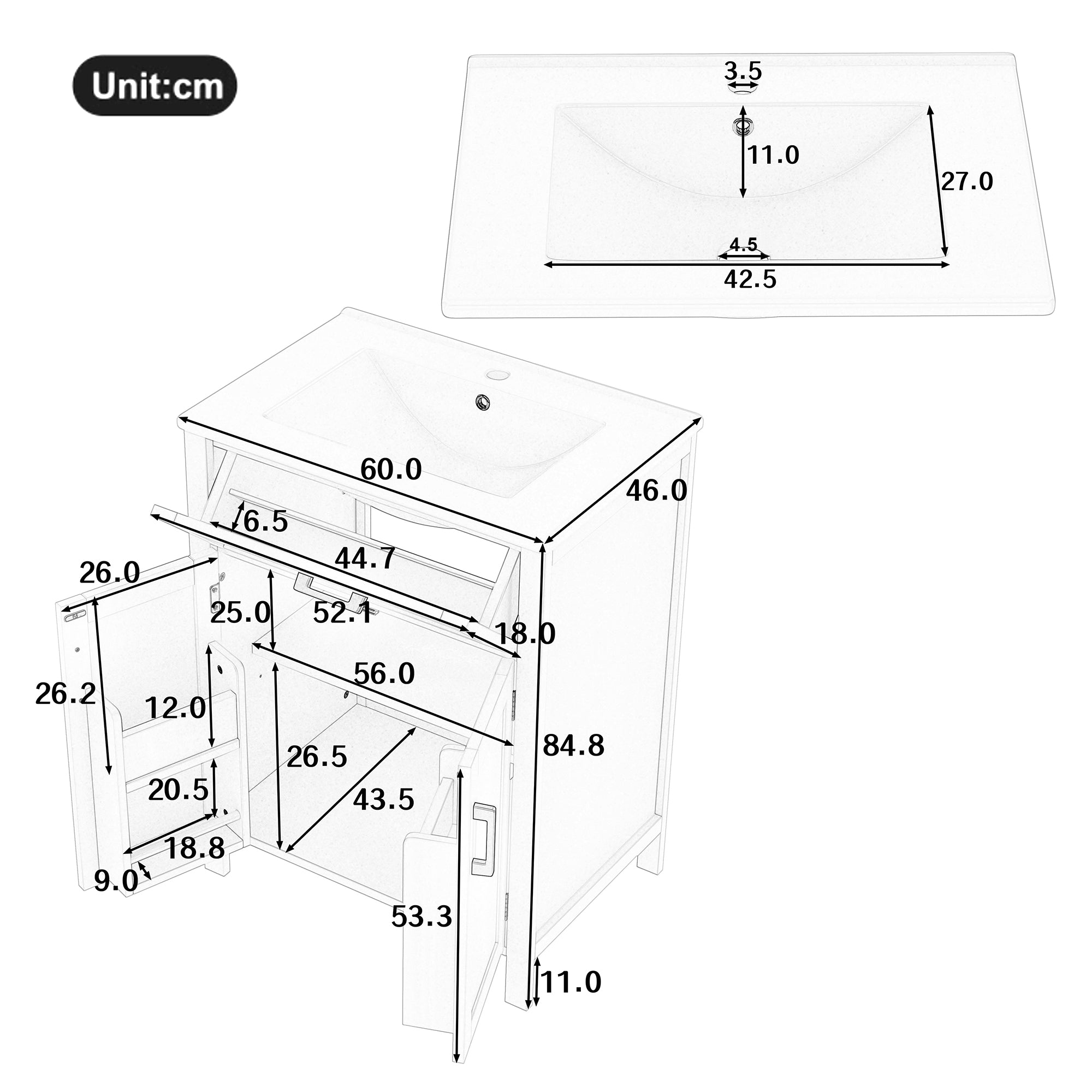 Bathroom Vanity Unit with Integrated Ceramic Sink and Storage Shelves, Grey