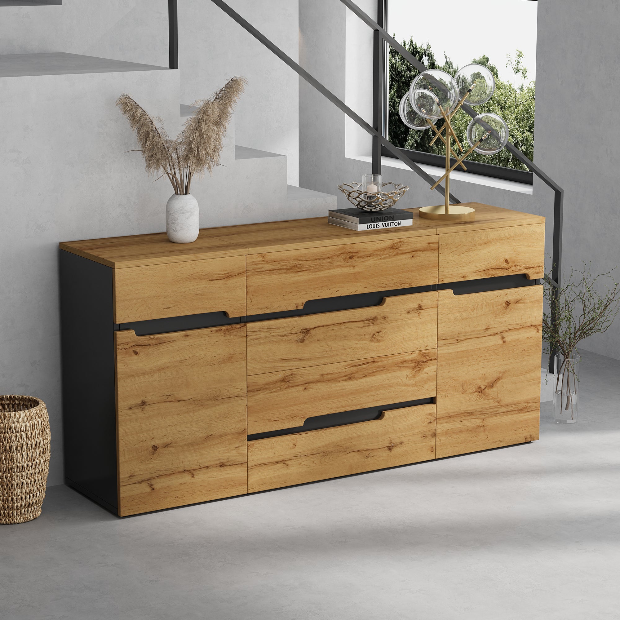 Sideboard Cabinet with 2 Doors, 4 Drawers, Handleless, Wood Color + Black