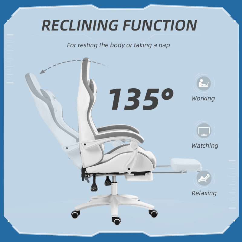 Computer Gaming Chair, 135° Reclining Back Footrest Lumbar Support, White and Grey PU Leather