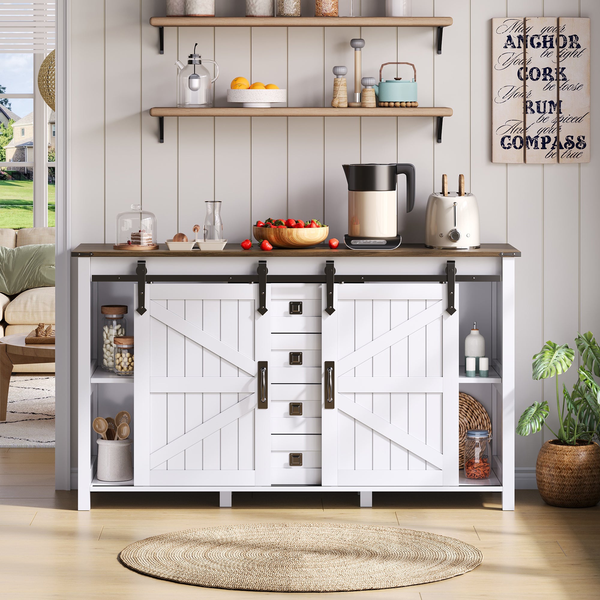 Sideboard 137cm Sliding Doors 4 Drawers Vintage Storage - White