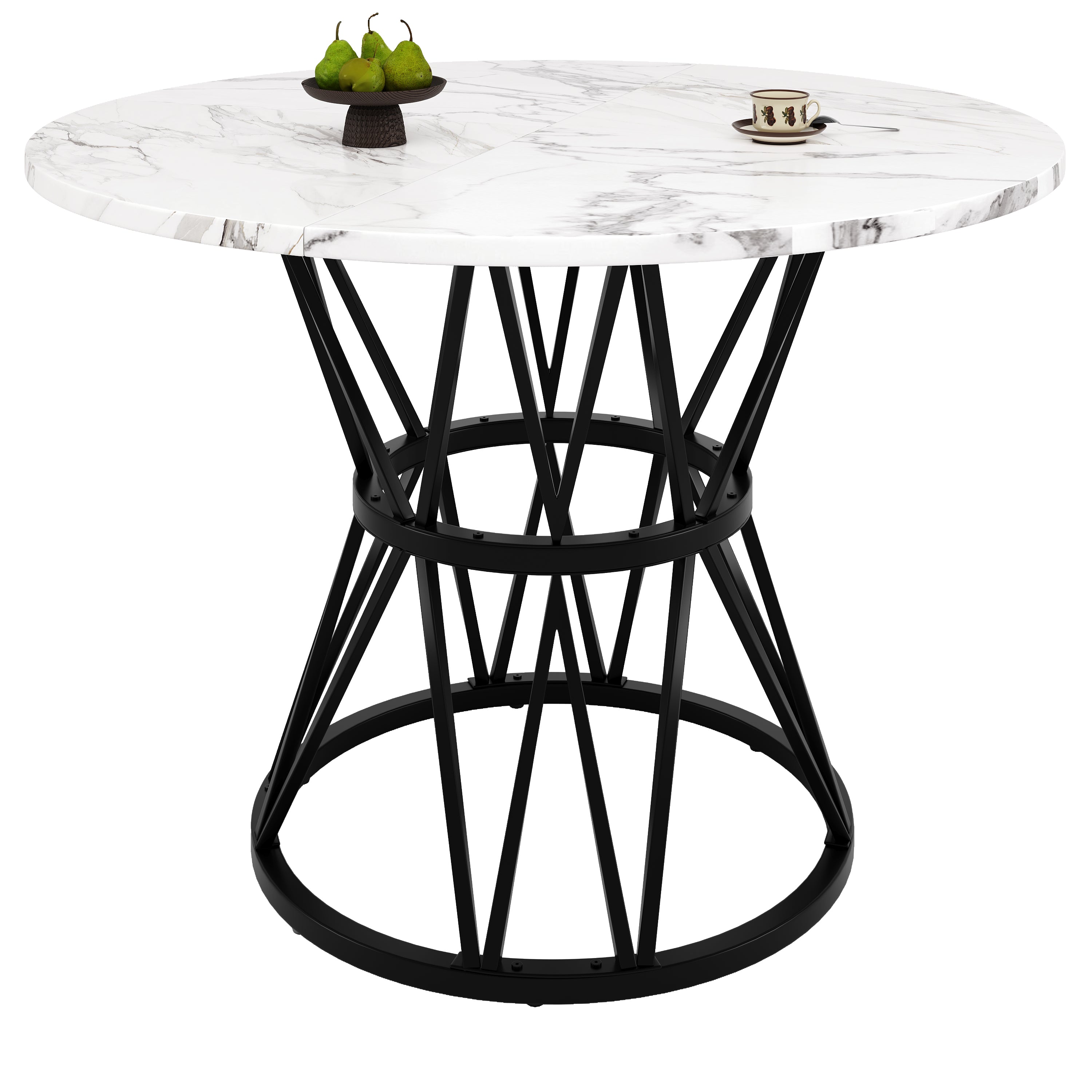 Round Dining Table, 100x100x76cm kitchen coffee for 4, metal legs MDF marble top, black