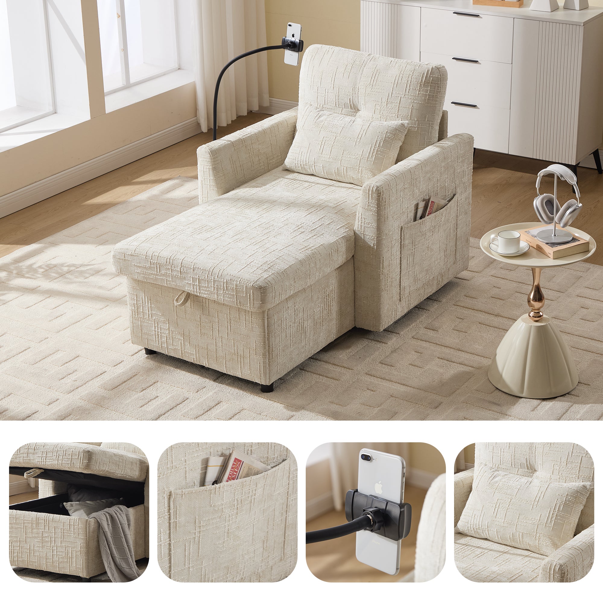 Lazy Sofa, Multifunctional Stowable Backrest with Phone Holder, Chenille