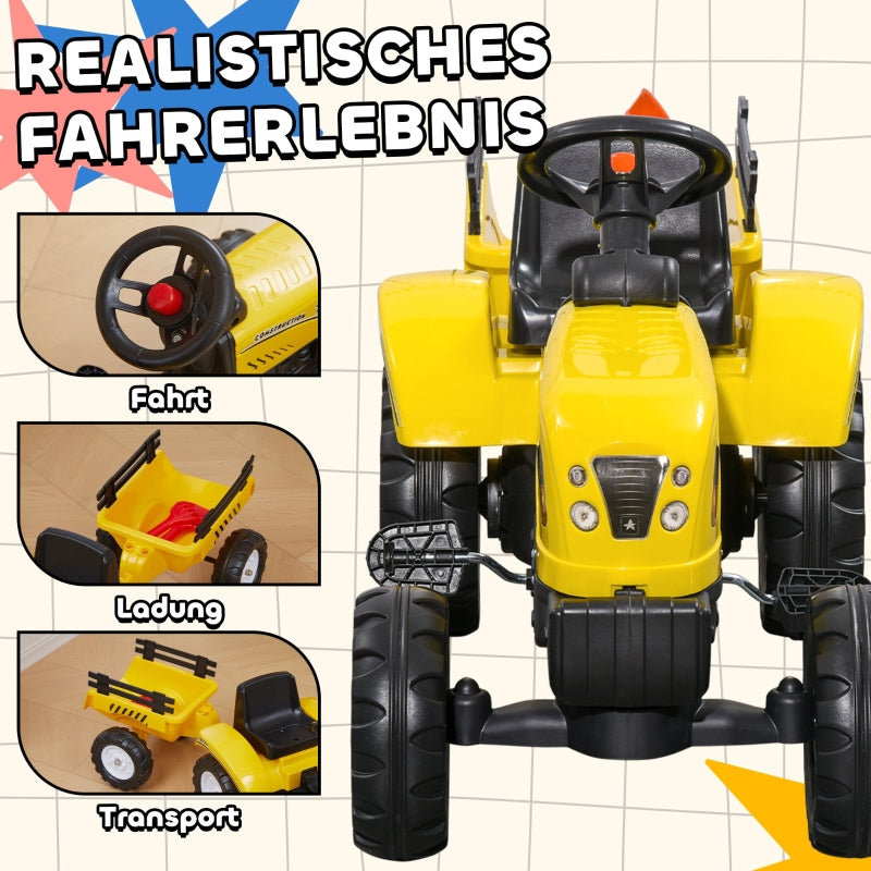 Pedal Tractor with Trailer, Tools, Horn, for Ages 3+, Metal Frame, Black and Yellow