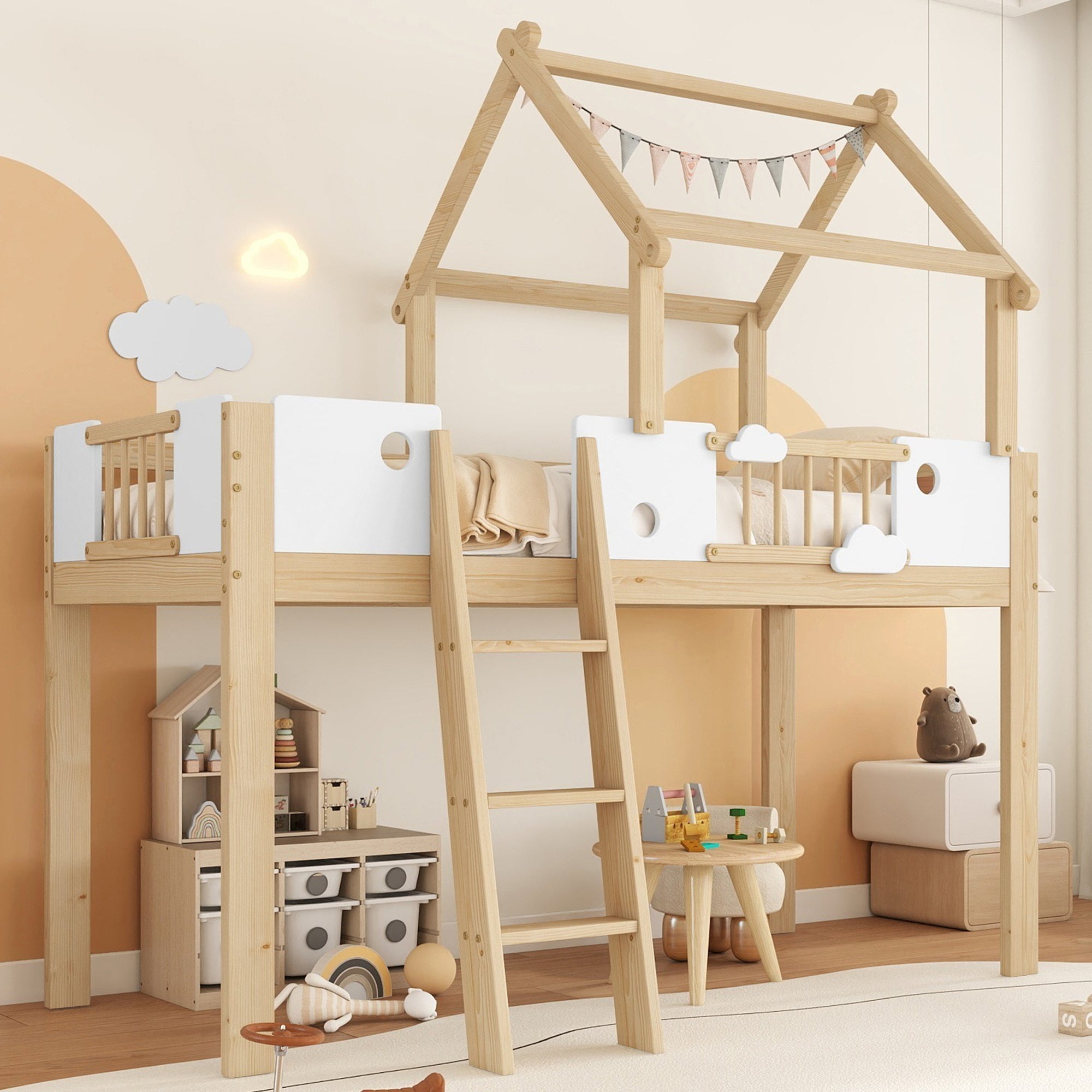 Loft Bed, Children's with Fall Protection & Rails, Roof Design, 3-Step Ladder, Pine+MDF+Plywood, White+Natural