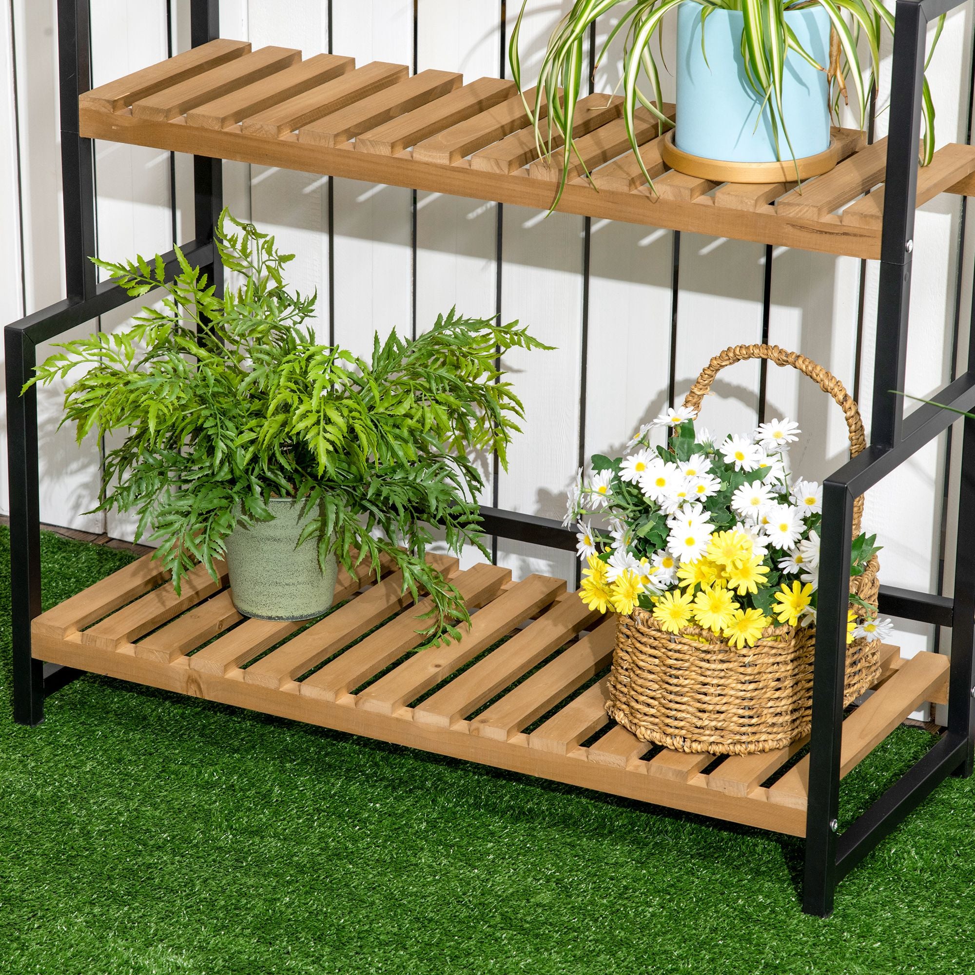 3 Tiered Plant Stand with Hanging Hooks, Indoor Outdoor Flower Rack Shelf