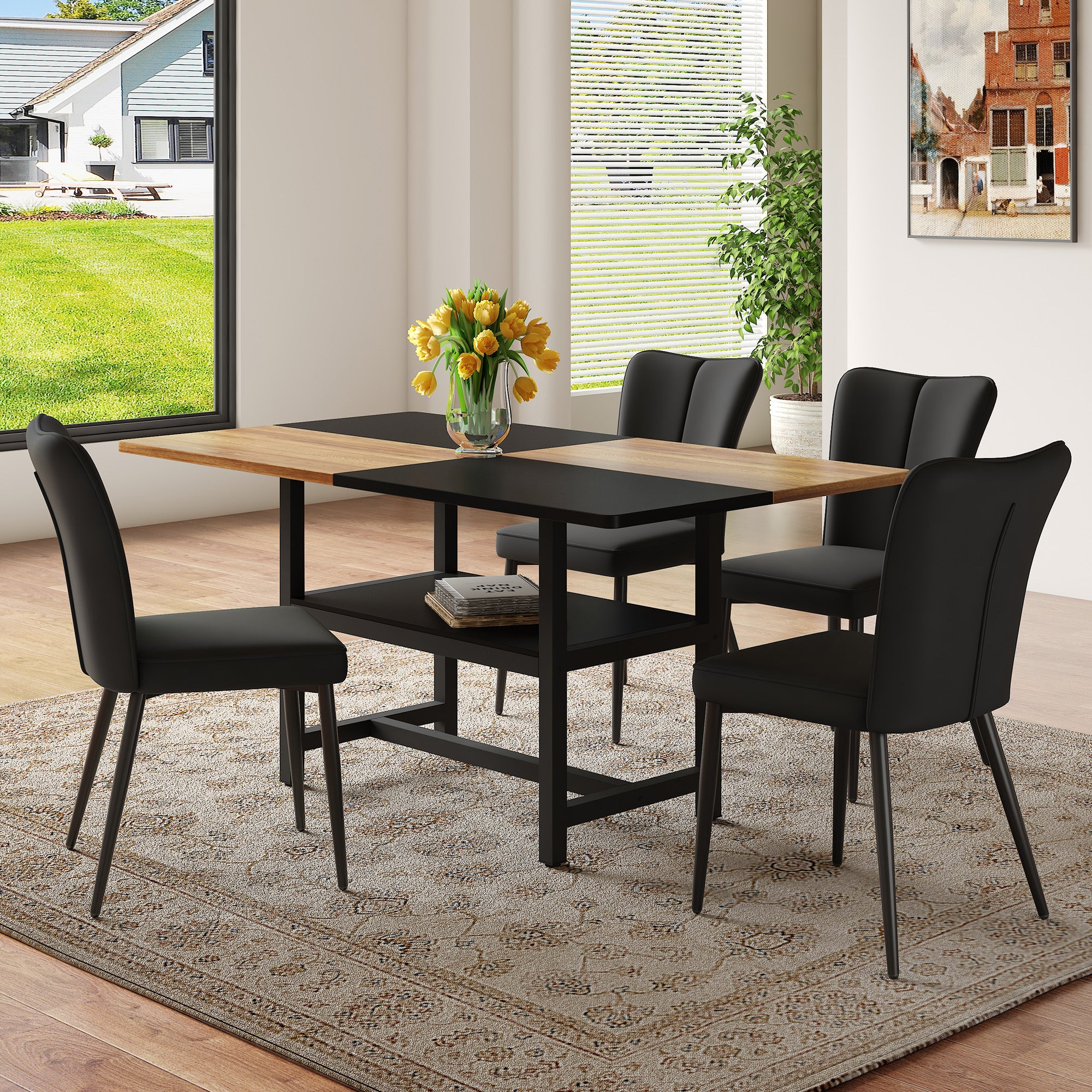Dining Table Set, 160cm Rectangular with 4 Chairs & Storage, Black PU/Metal