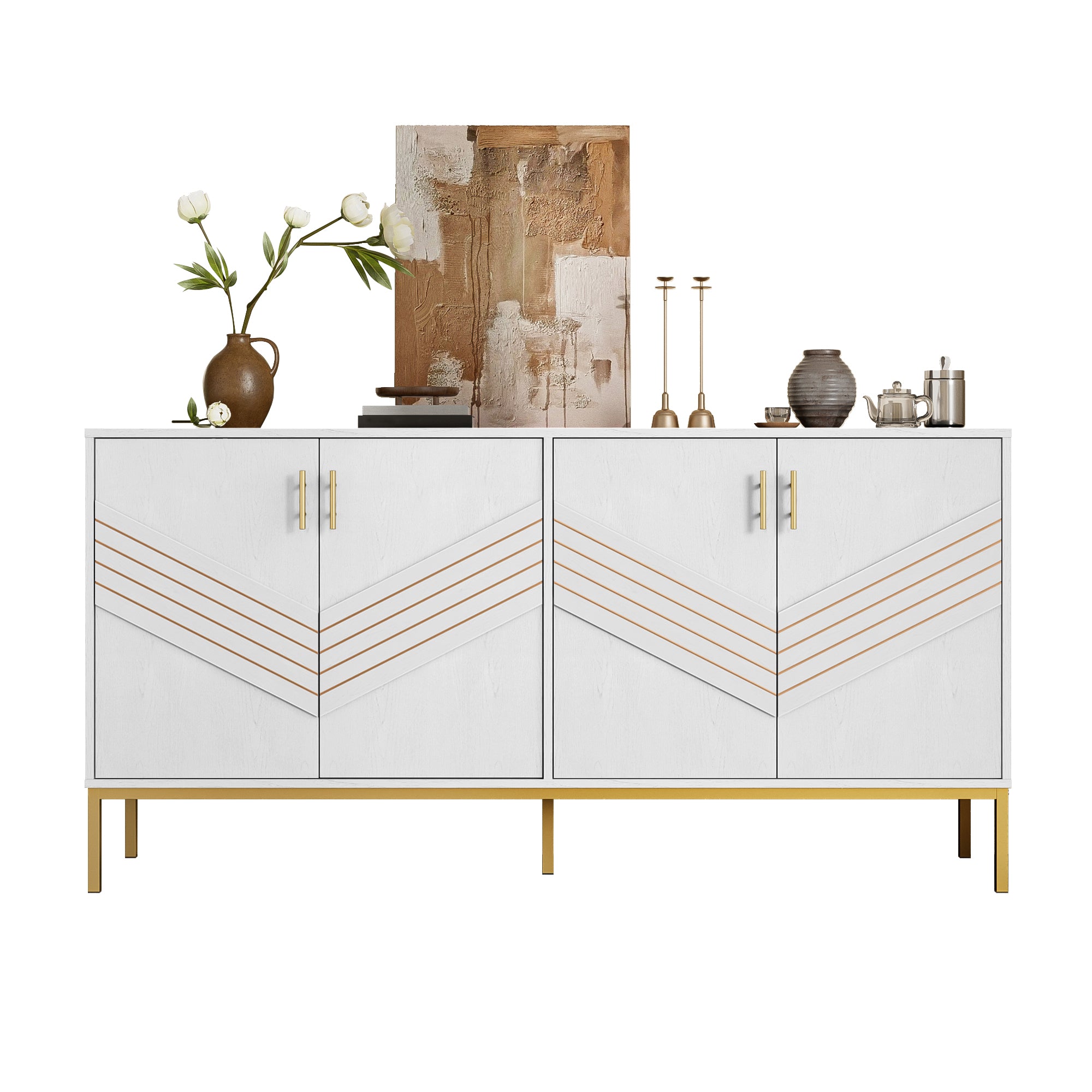 Sideboard, 4 Doors, Large Capacity, Height-Adjustable, White & Gold MDF