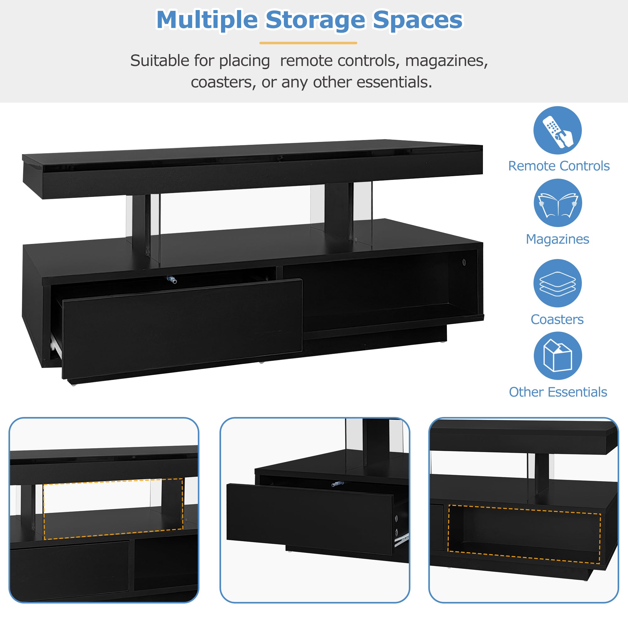 Black High-Gloss Coffee Table with Glass Tops & Drawers