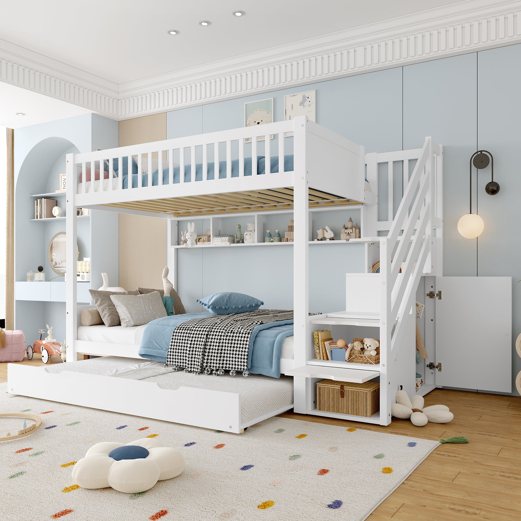 Bunk Bed 90x200cm Pull-out Bed with Shelf, Wardrobe & Storage - White