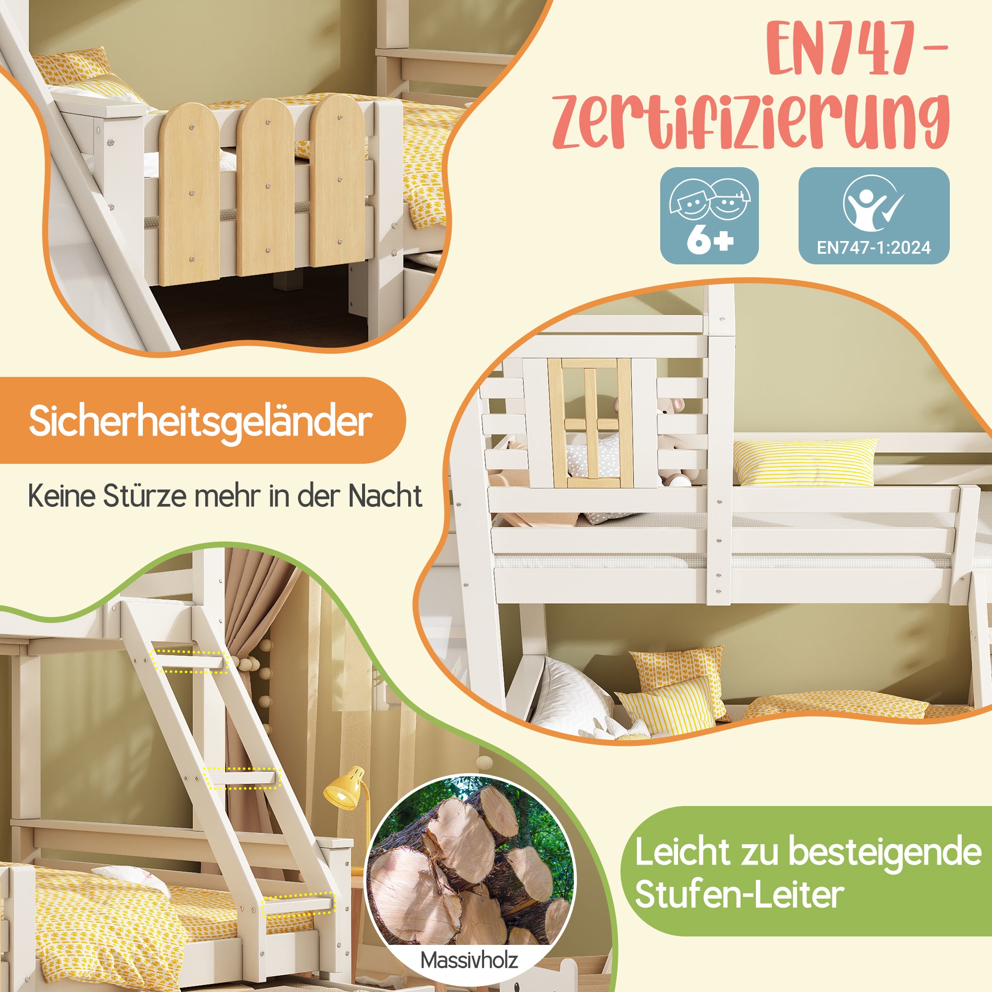 Bunk Bed, 90x200 & 140x200cm, House Loft with Drawer & Slide, Log Cabin Design