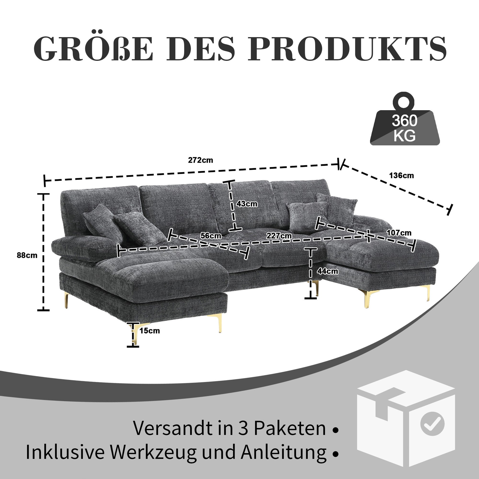 Chenille U-Shape Sectional Sofa, Large with Double Reclining Seats, Modern