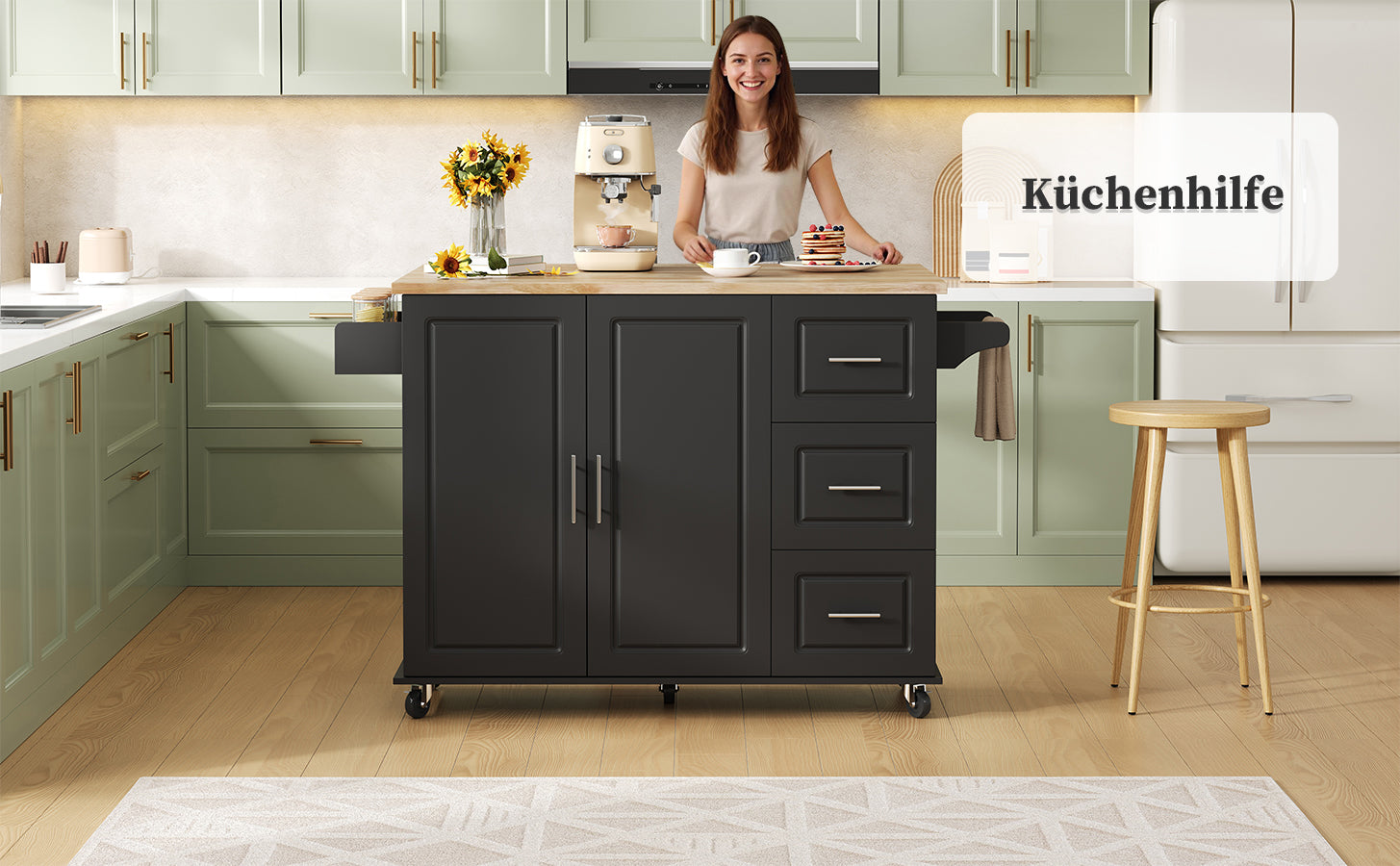 Mobile Kitchen Table with Foldable Worktop and 3 Drawers, Oak Look