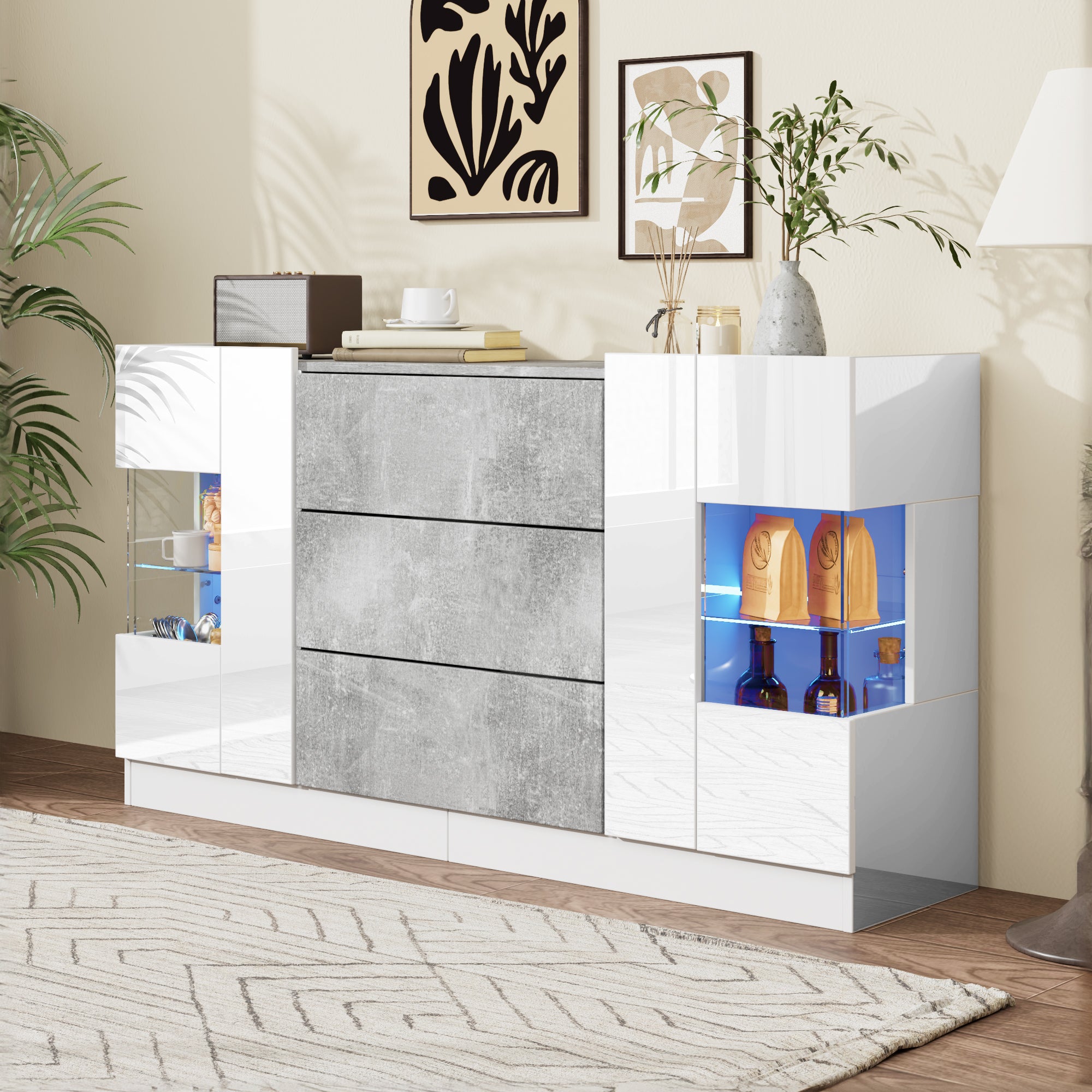 Sideboard, 2 Doors 3 Drawers LED Lighting, High-Gloss White & Grey Marble