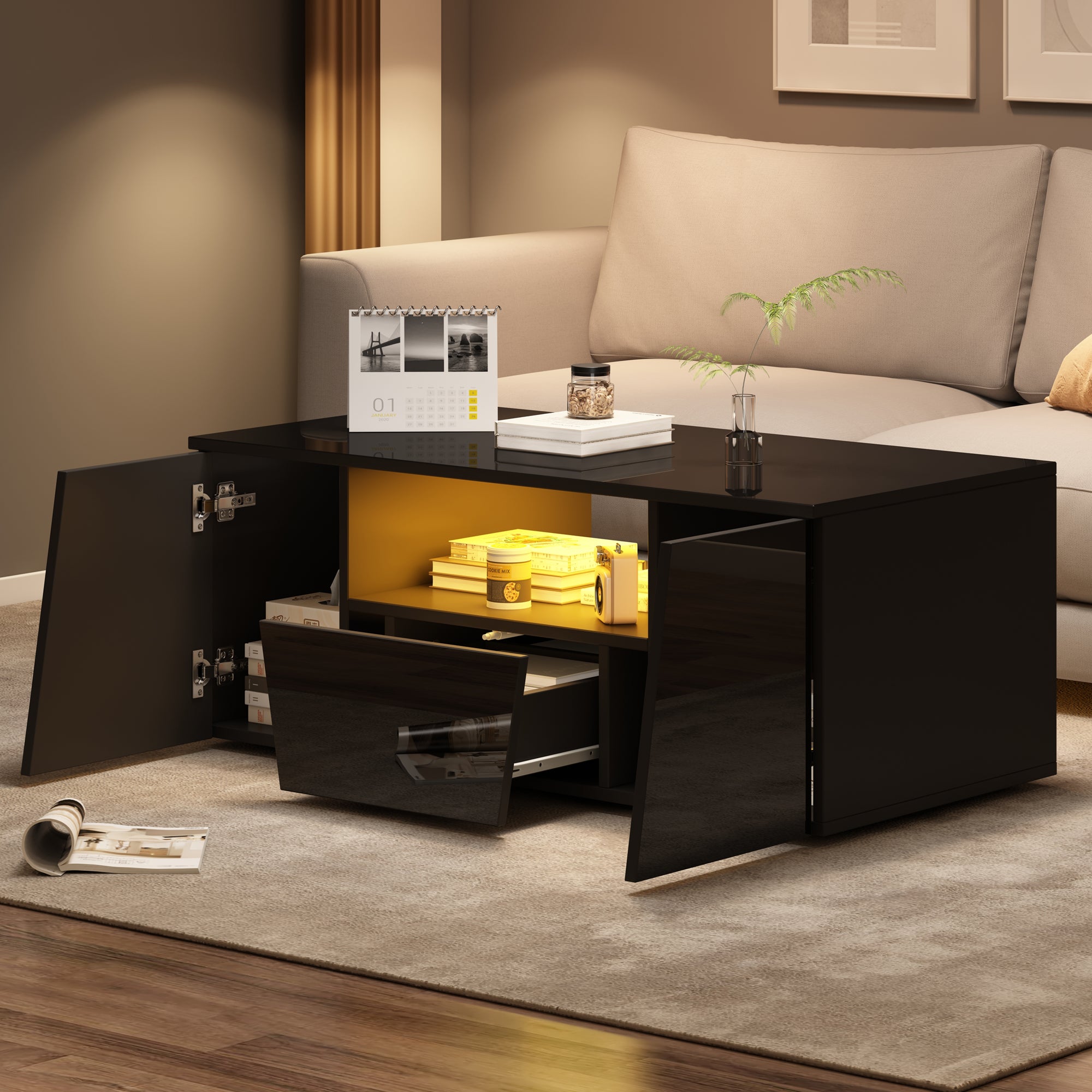 Coffee Table 100x50x40cm, LED Light, 2 Cabinets, 1 Drawer, Black
