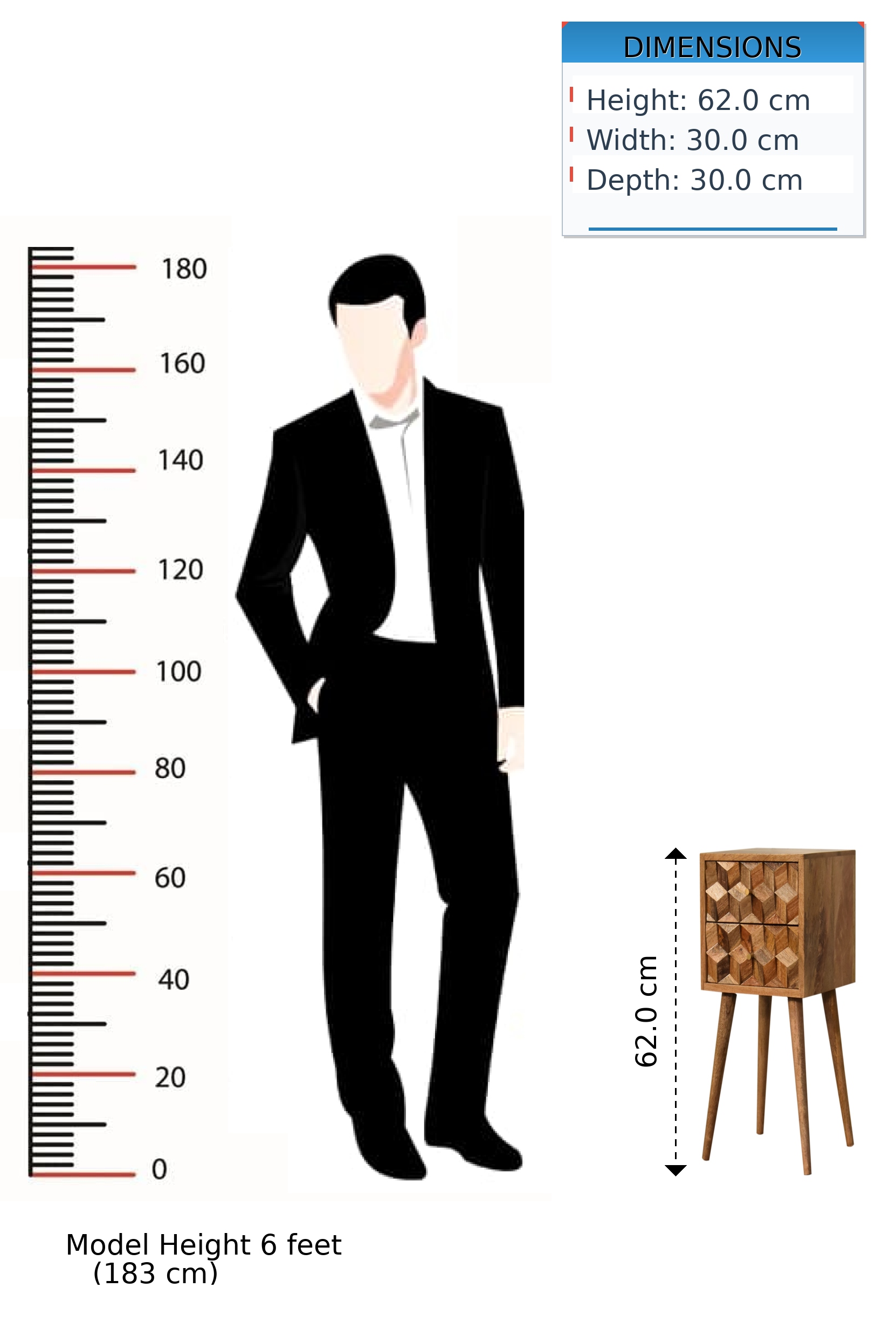 Solid Wood Mini Cube Carved 2 Drawer Bedside, Brown