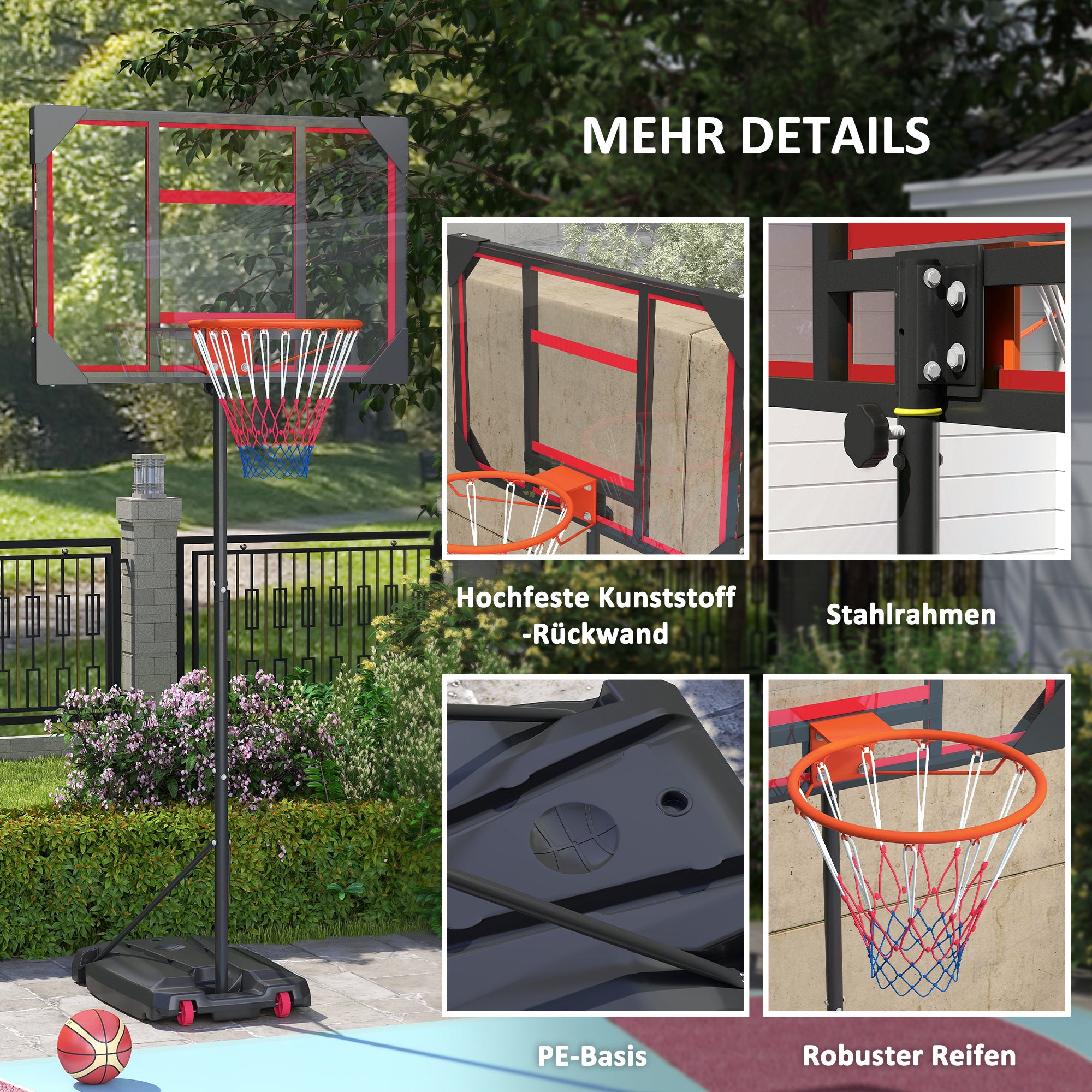 Outdoor Basketball Hoop, Height-Adjustable with Wheels, Red