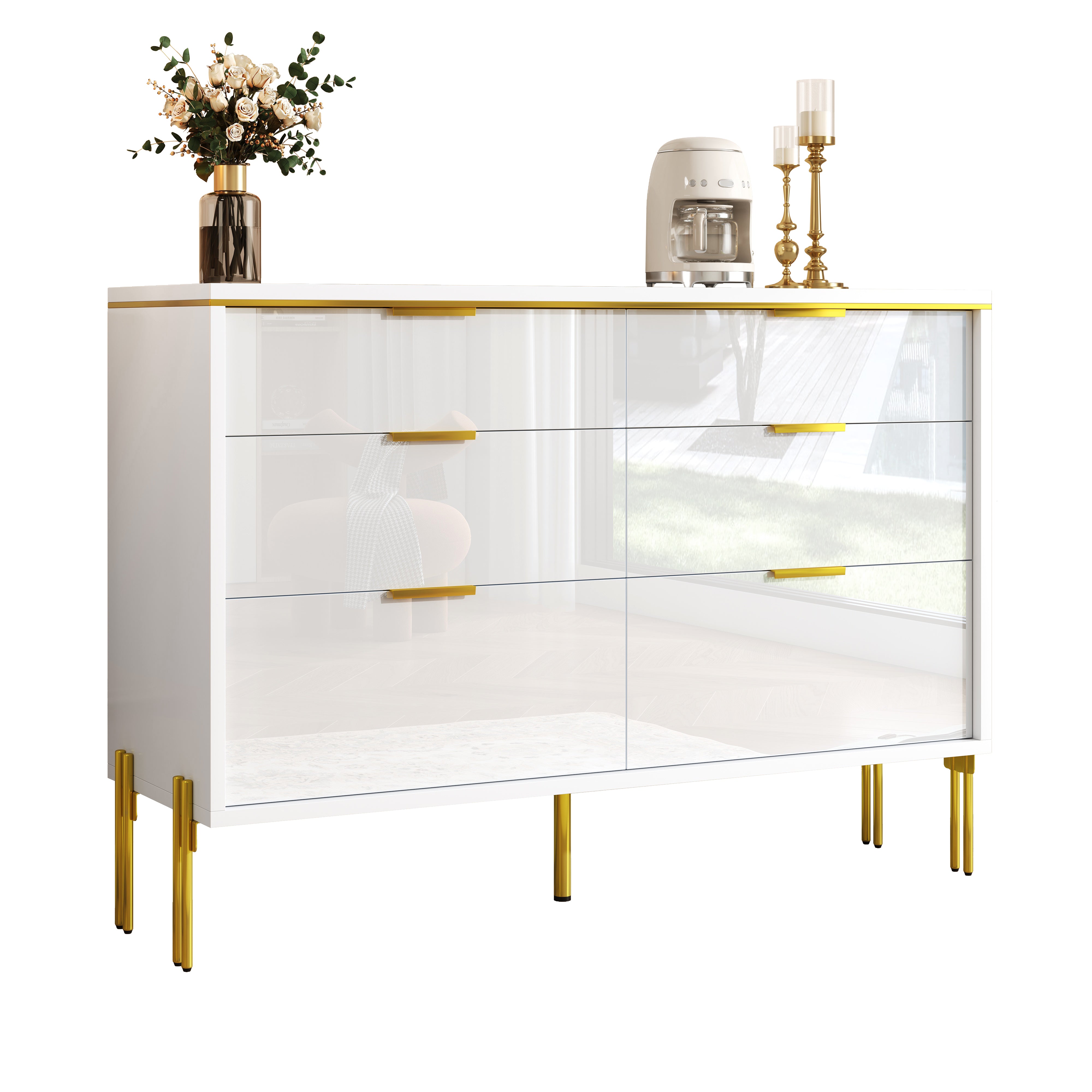 Modern Sideboard Cabinet 6 Drawers Large Storage High-Gloss White and Gold