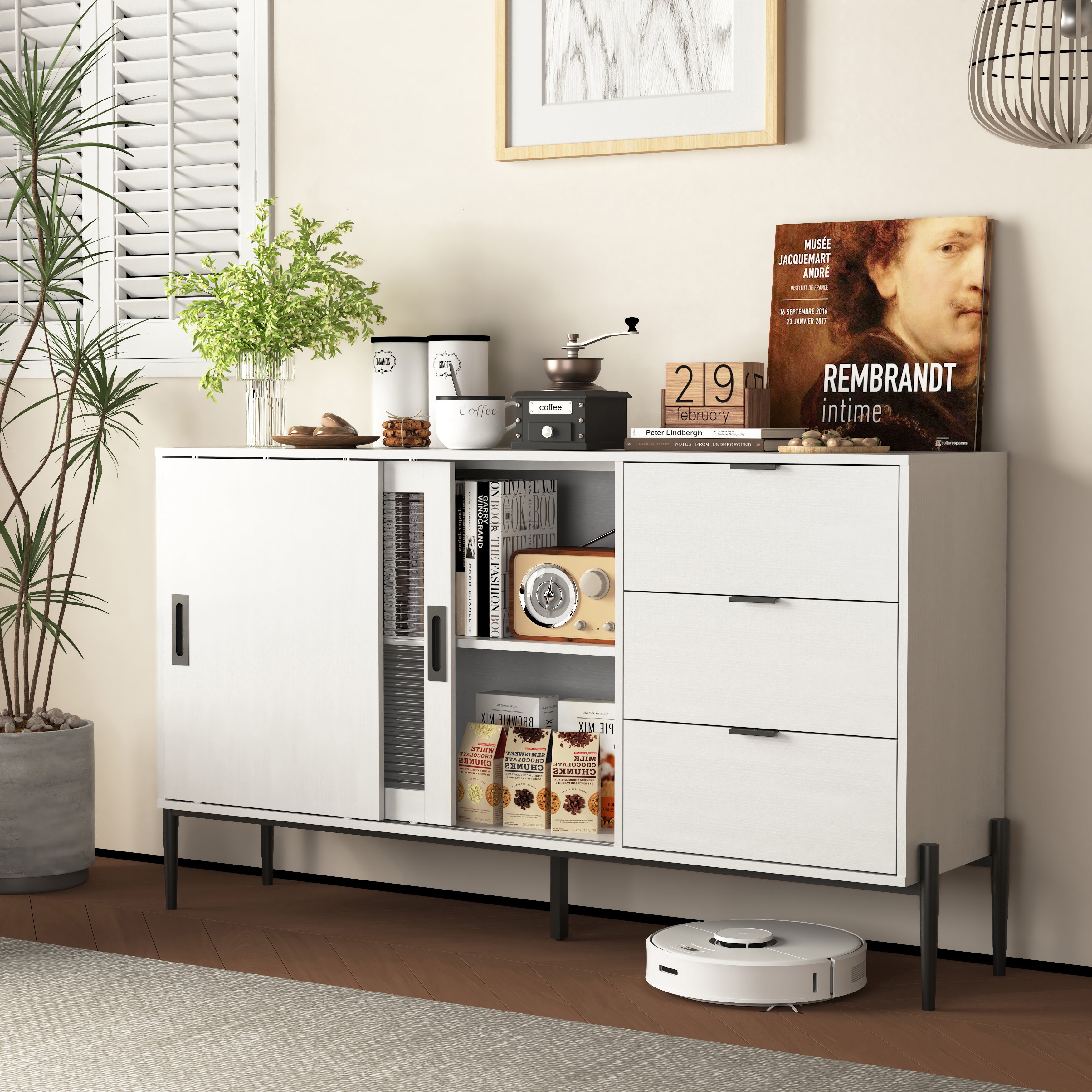 Sideboard Glass Sliding Door 3 Drawers Console Table - White