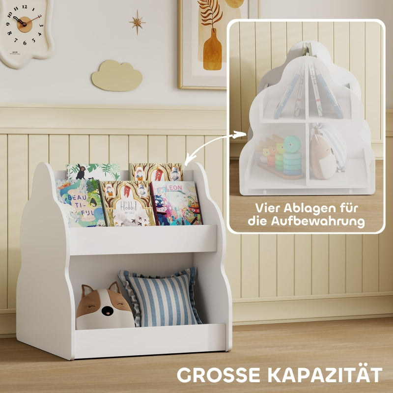 Children's Bookshelf 2-Tier 4 Shelves with Wheels - White