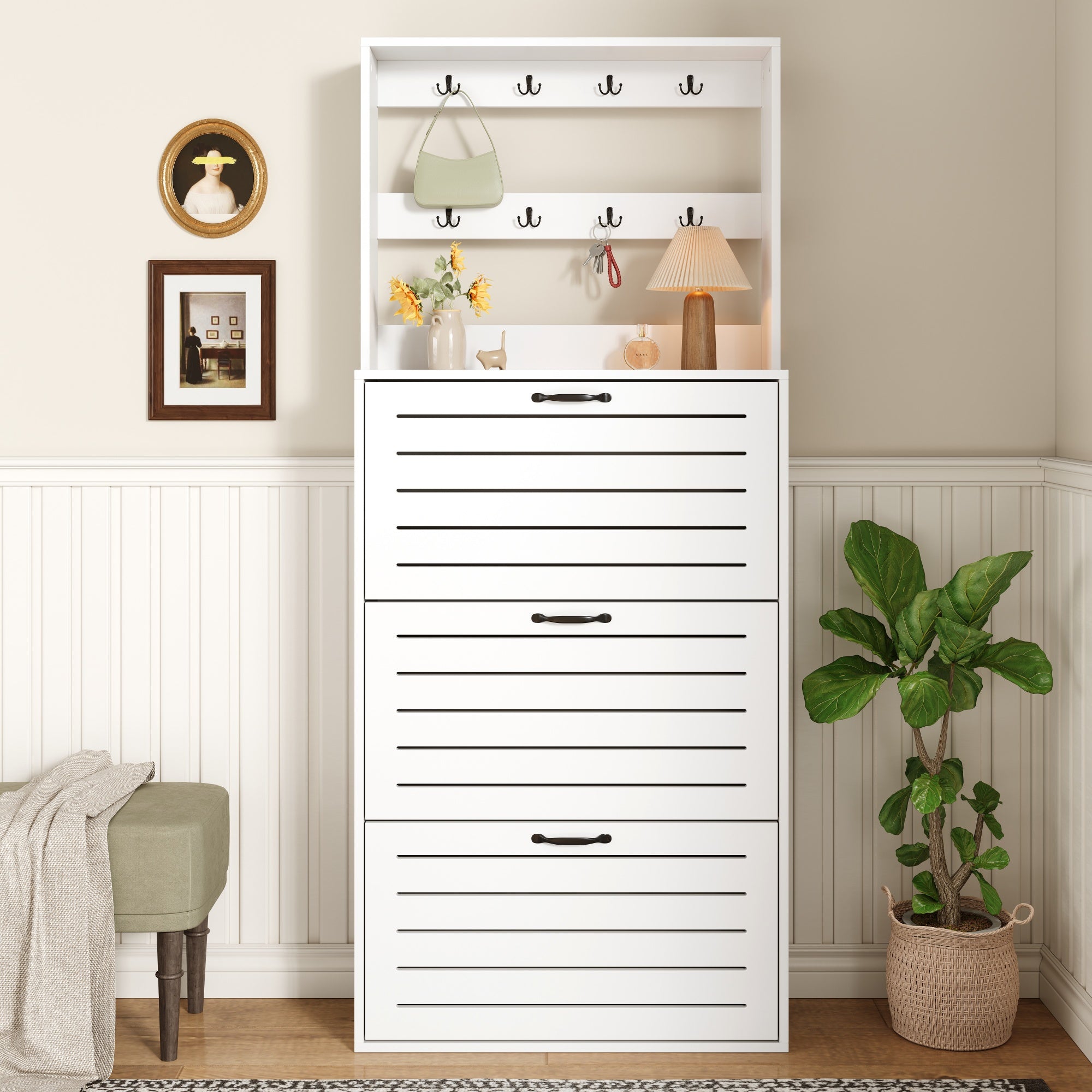 Shoe Cabinet with 3 Doors, Hooks, 15 Pairs Capacity