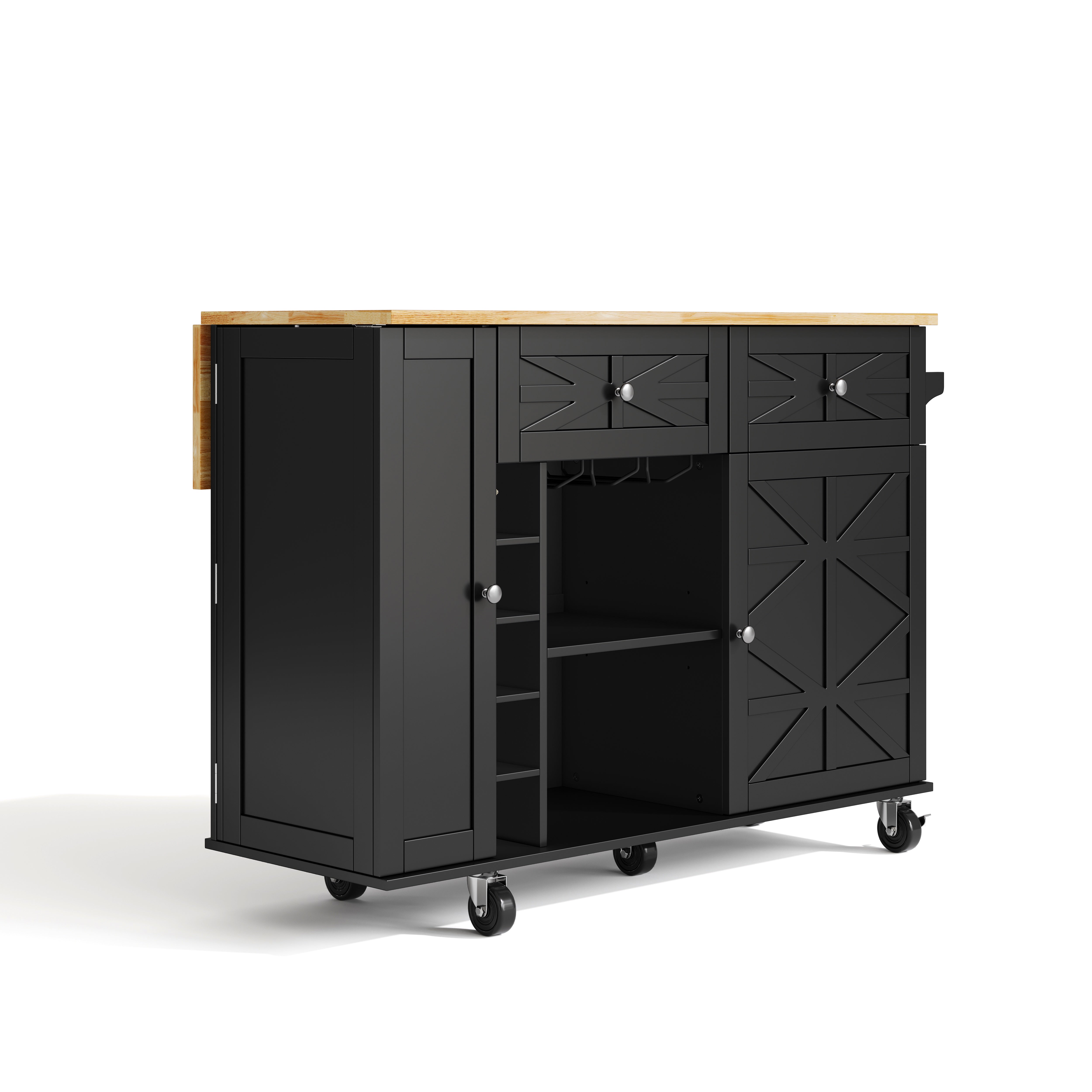 Kitchen Island Mobile Folding Worktop Wine Rack Storage - Black